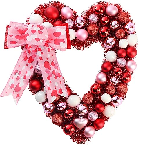 Sggvecsy 17.7’’ Heart Shaped Wreath with Bowknot Valentines Day Red
