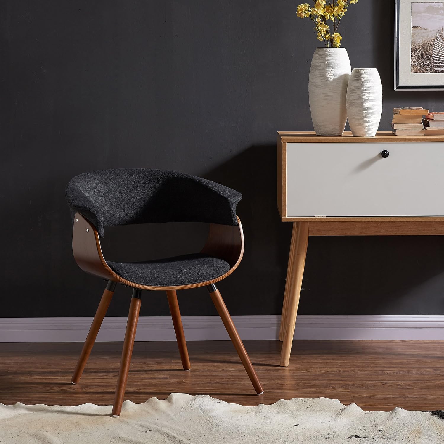 Mid-Century Fabric & Bentwood Accent/Dining Chair in Charcoal