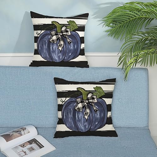 Miniatura 211 de Juego de 2 fundas de almohada de otoño de 18 x 18 pulgadas, hojas de arce de calabaza y búfalo a cuadros, decoración de otoño, de lino, Acción