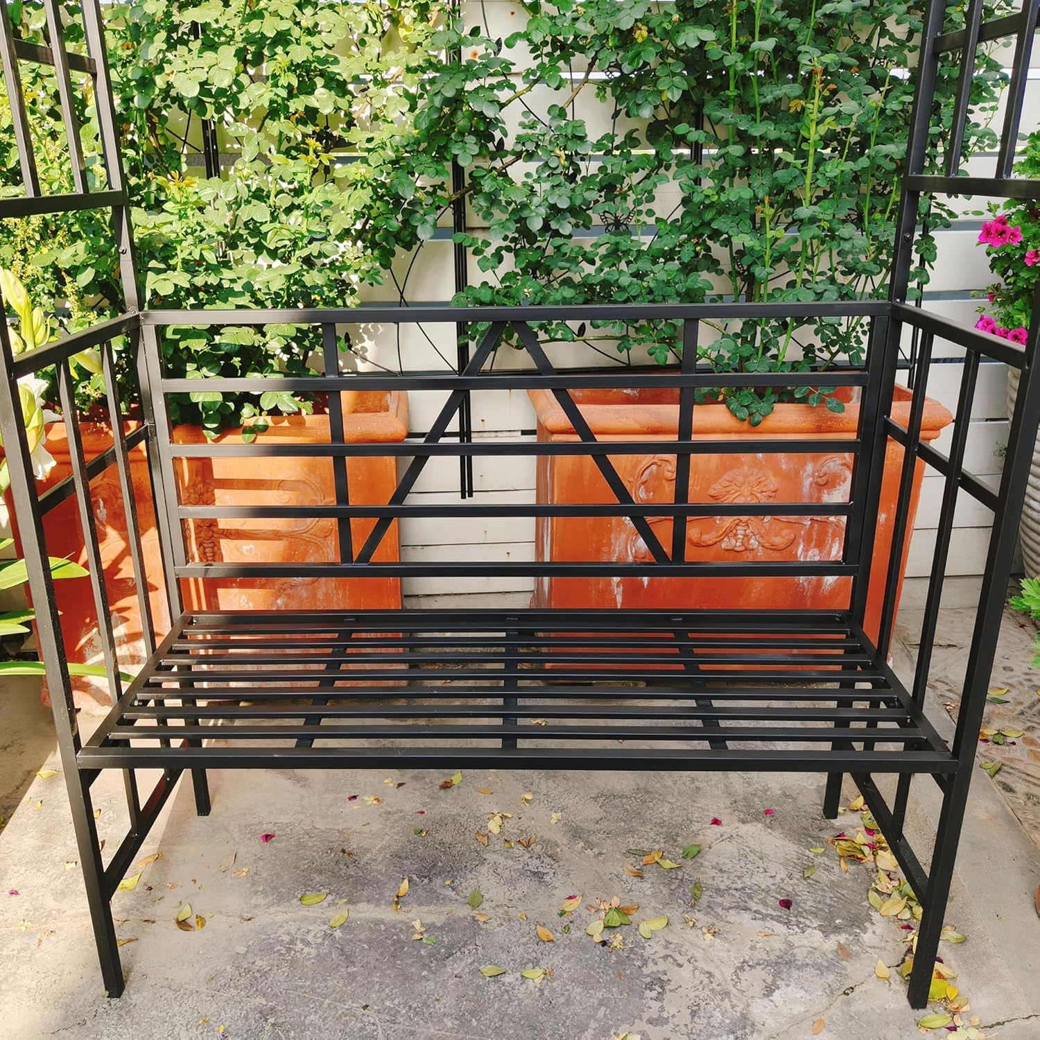 Garden Arch with Seat, Garden Arch for Climbing Plant, Outdoor Garden Backyard, Metal Garden Arch with Bench, Outdoor Pergola Trellis Archway for Climbing Roses Vines, 2-Person Garden Arbor with Seat