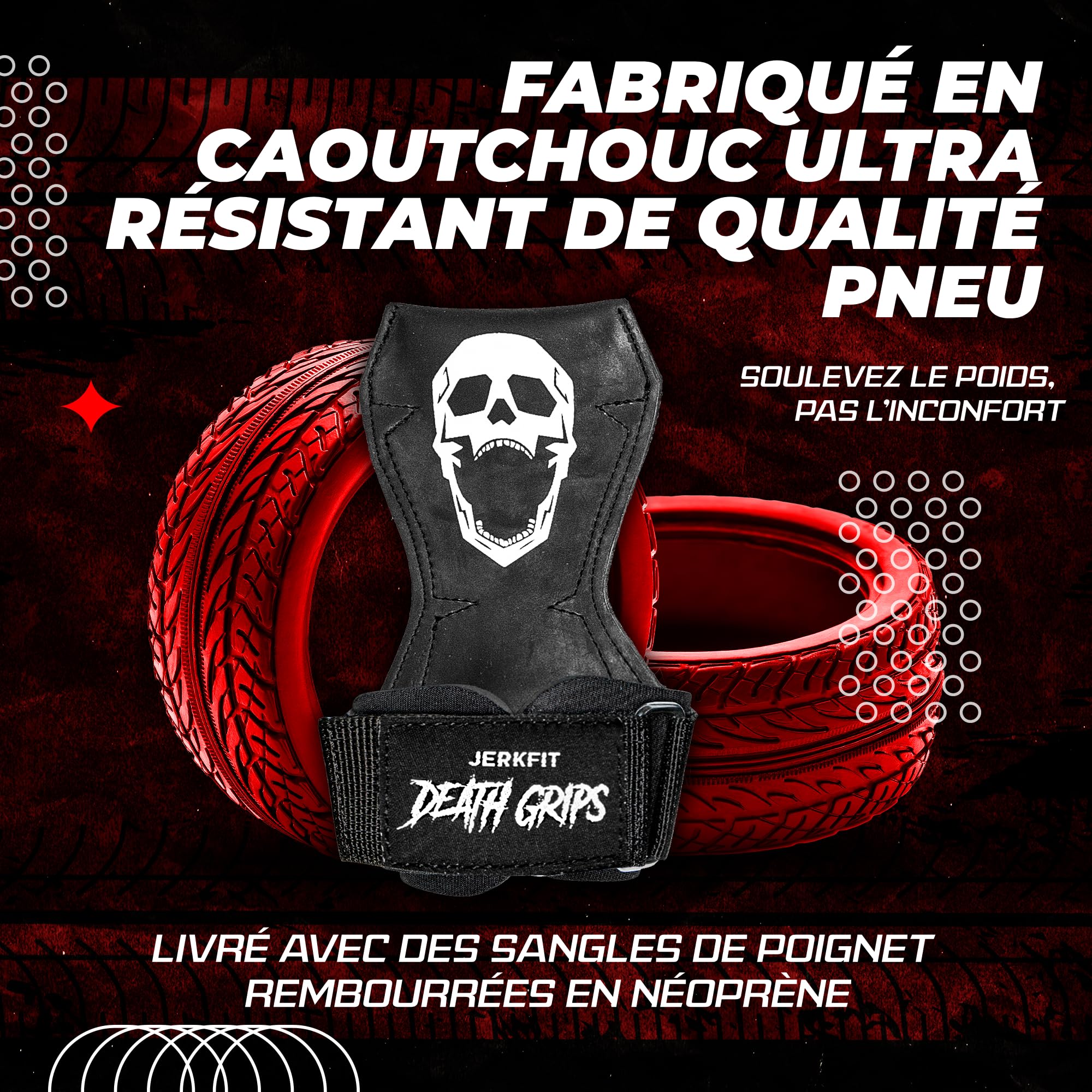 JerkFit Death Grips – Sangles de Levée Premium, Sangles en PVC Caoutchouc de Qualité Pneumatique pour Shrugs & Tractions – Sangles avec Rembourrage Néoprène pour Protection des Paumes