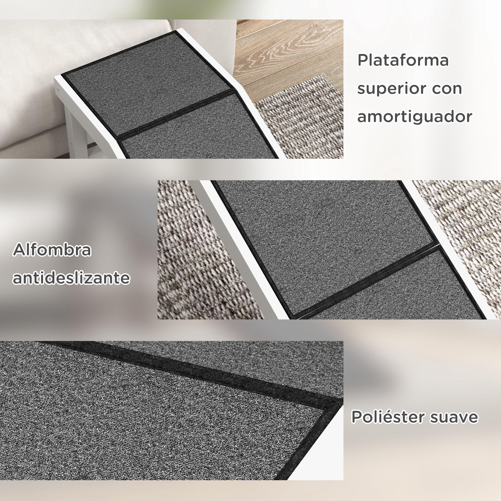 PawHut Rampa para Perros de Madera Rampa para Mascotas para Cama/Sofá con Alfombra Antideslizante para Perros Pequeños Medianos y Grandes 152x40x50 cm Blanco y Gris