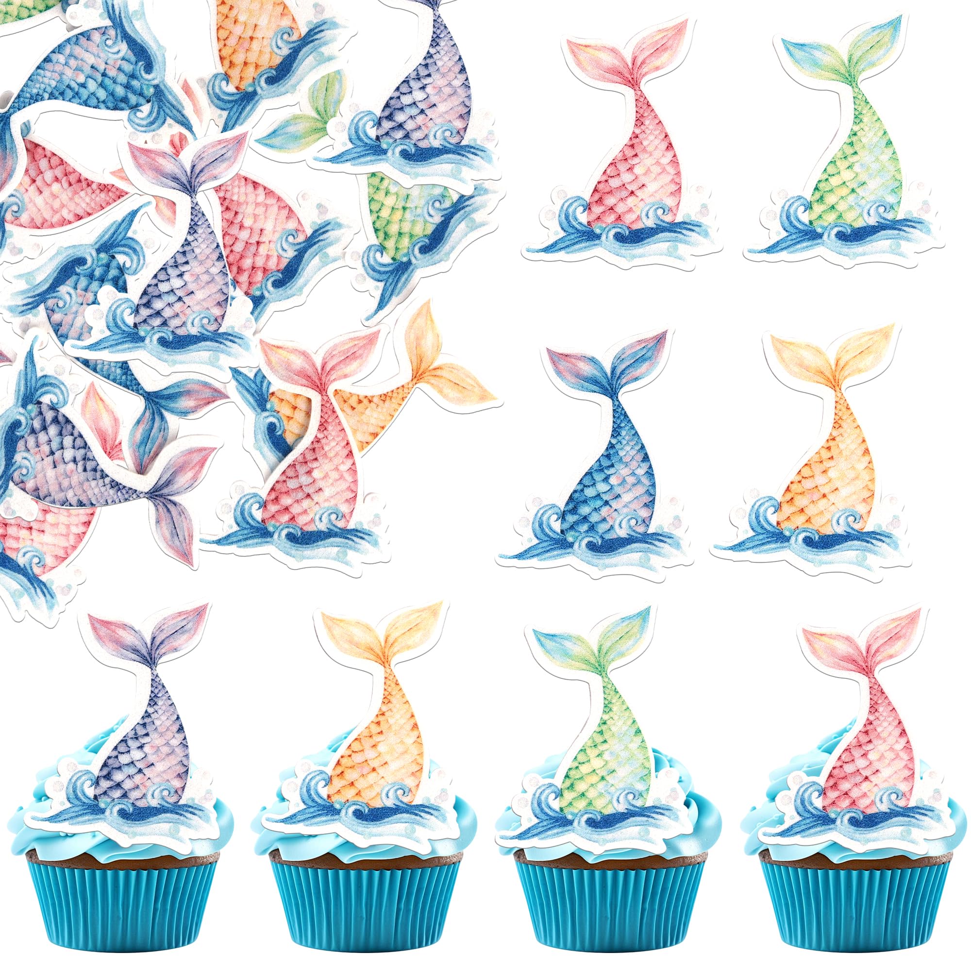 60 Pack Edible Mermaid Tail Cupcake Toppers Wafer Paper Under the Sea Cake Decorations Edible Mermaid Party Cupcake Picks for Baby Shower Wedding Kids Birthday Party Cake Food Decorations Supplies โ image 1