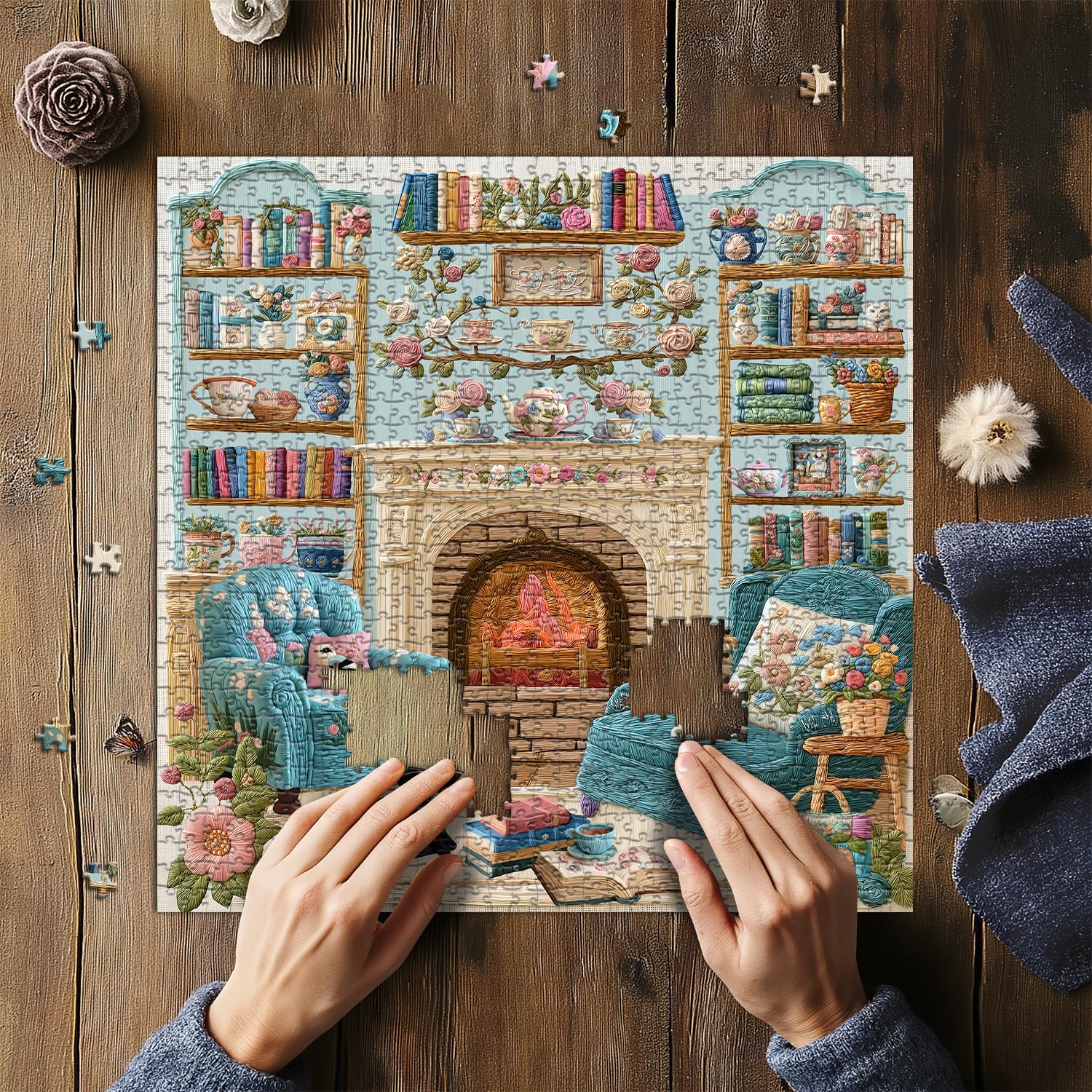 PICKFORU Cozy Puzzles for Adults 1000 Pieces, Dog Puppy Cat Jigsaw Puzzle Bookshelf Teacups, Embroidery Aesthetic Puzzle Cabin, Unique Modern Art Jigsaw Challenging - Image 6