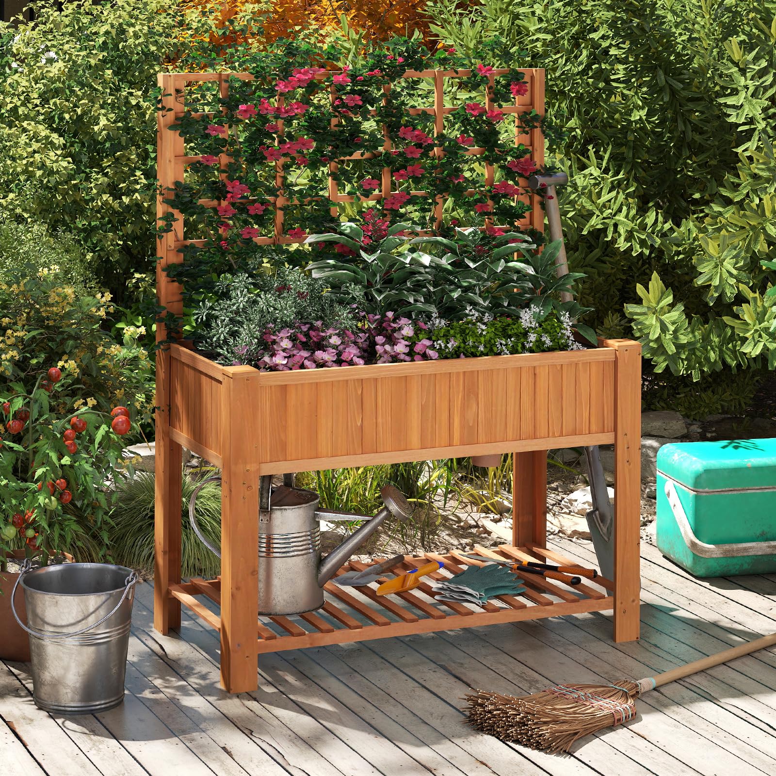 HOMASIS Jardinera Elevada con Celosía sobre Pie,Huerto Urbano Terraza,Bandeja de Plantas de Madera para Planta Trepadora con Estante de Almacenamiento y Agujeros de Drenaje， (Marrón, 116x59x150cm)