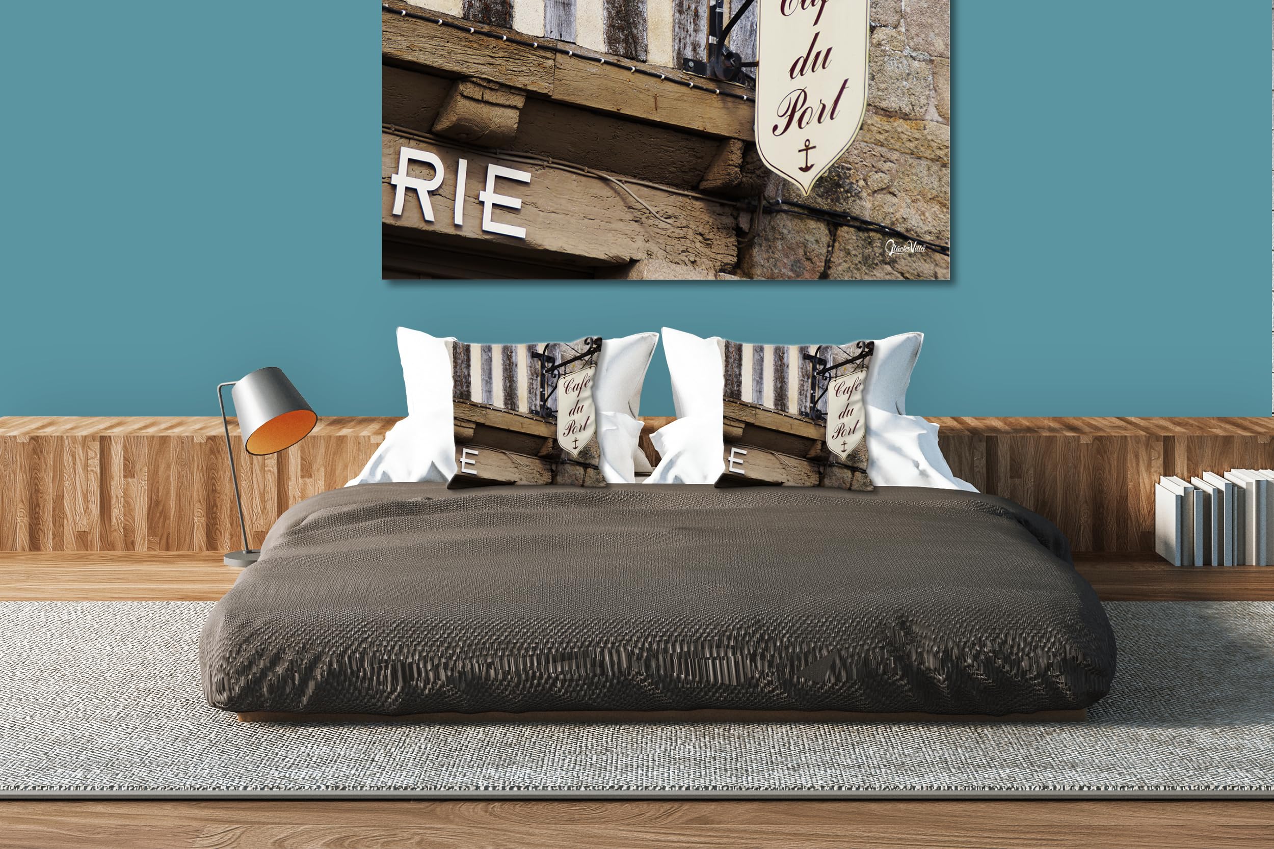 Creperie - Foto-Kissen-Hülle Set (2 STK.) 40 x 40 cm | Kissen-Bezüge - passend zu Wandbild - Deko-Kissen - Frankreich Honfleur Restaurant