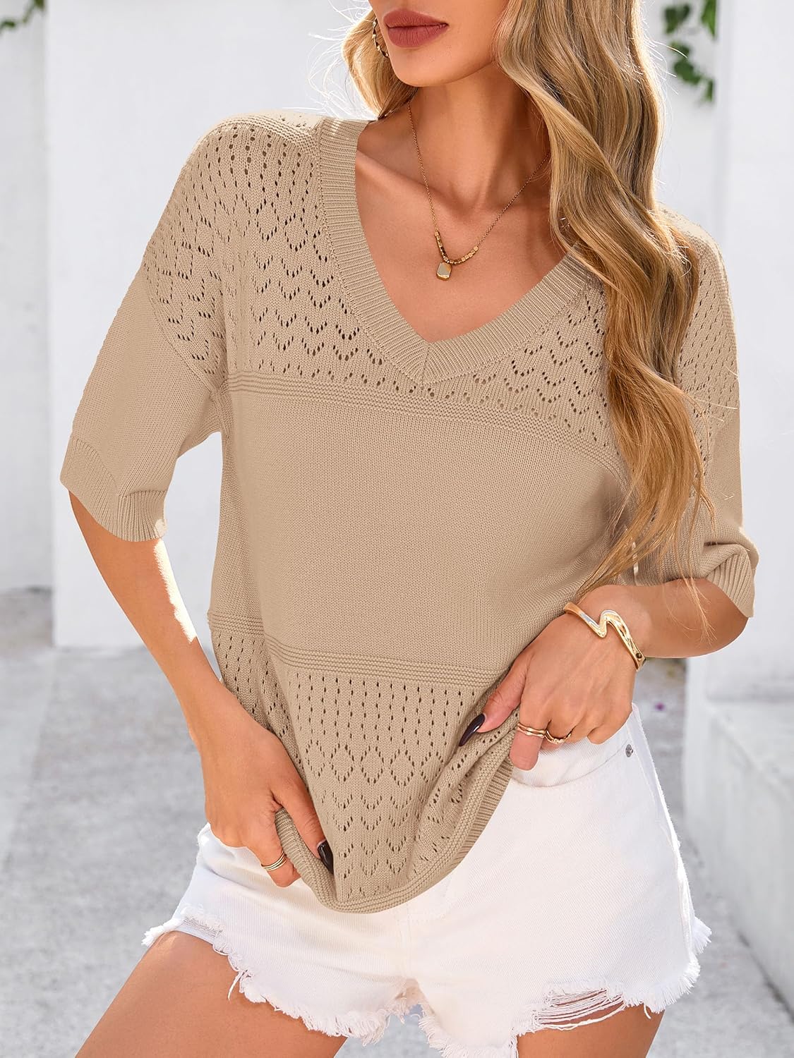 PRETTYGARDEN Women's Short Sleeve Sweater Tops 2026 Spring Summer Casual V Neck Ribbed Knit Trendy Eyelet Blouse T Shirts - Image 4