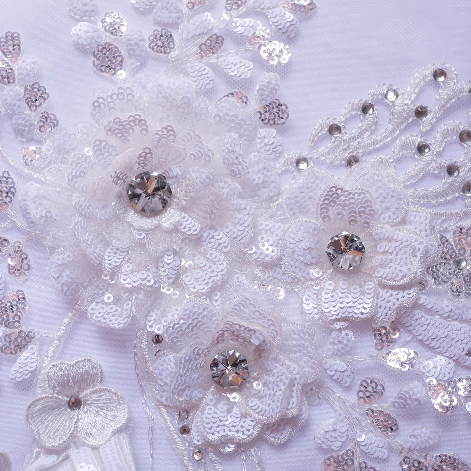 3D Flower Applique, Sequin Embroidered Lace Beaded Appliques Handmade Rhinestone Patch for Clothes Accessories(White)