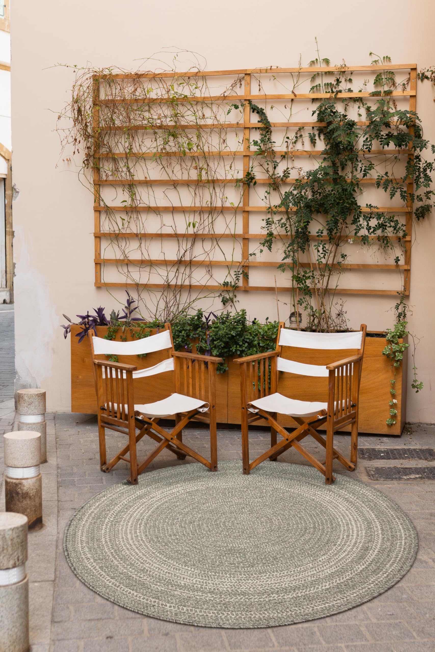 Sizalowy dywan, dwustronny, sznurkowy, na zewnątrz, do wewnątrz, na taras, na balkon, do salonu, nowoczesny, naturalne kolory, okrągły, koło, linie. (Silver, śr. 160 cm)