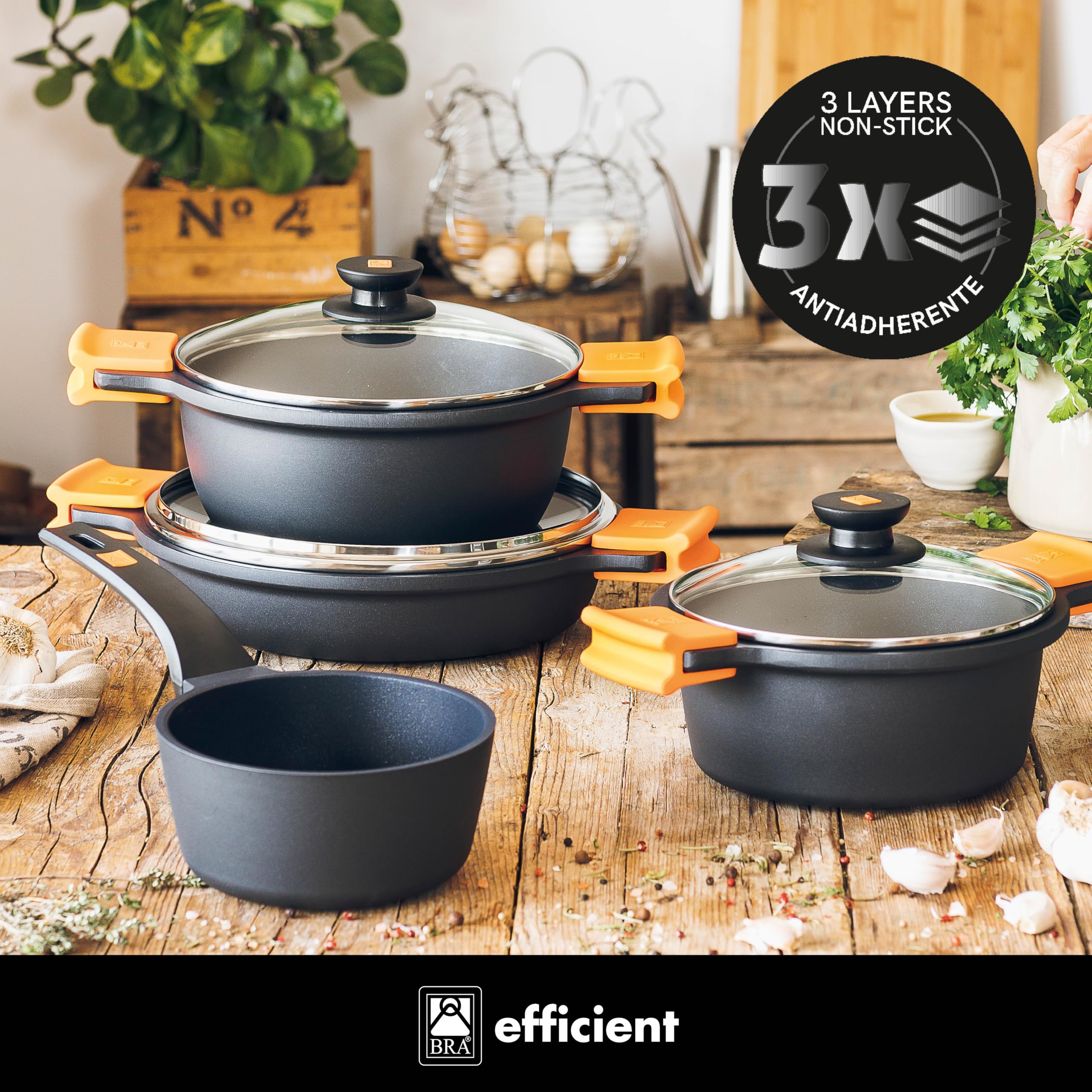 BRA Efficient | Batterie de cuisine 7 pièces en fonte d’aluminium | tous feux dont induction, revêtement antiadhésif