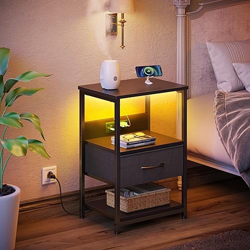 Miniatura 2 de Seventable Mesita de noche con estación de carga, mesita de noche LED con cajón de tela ajustable, mesita de noche con almacenamiento, mesa auxiliar