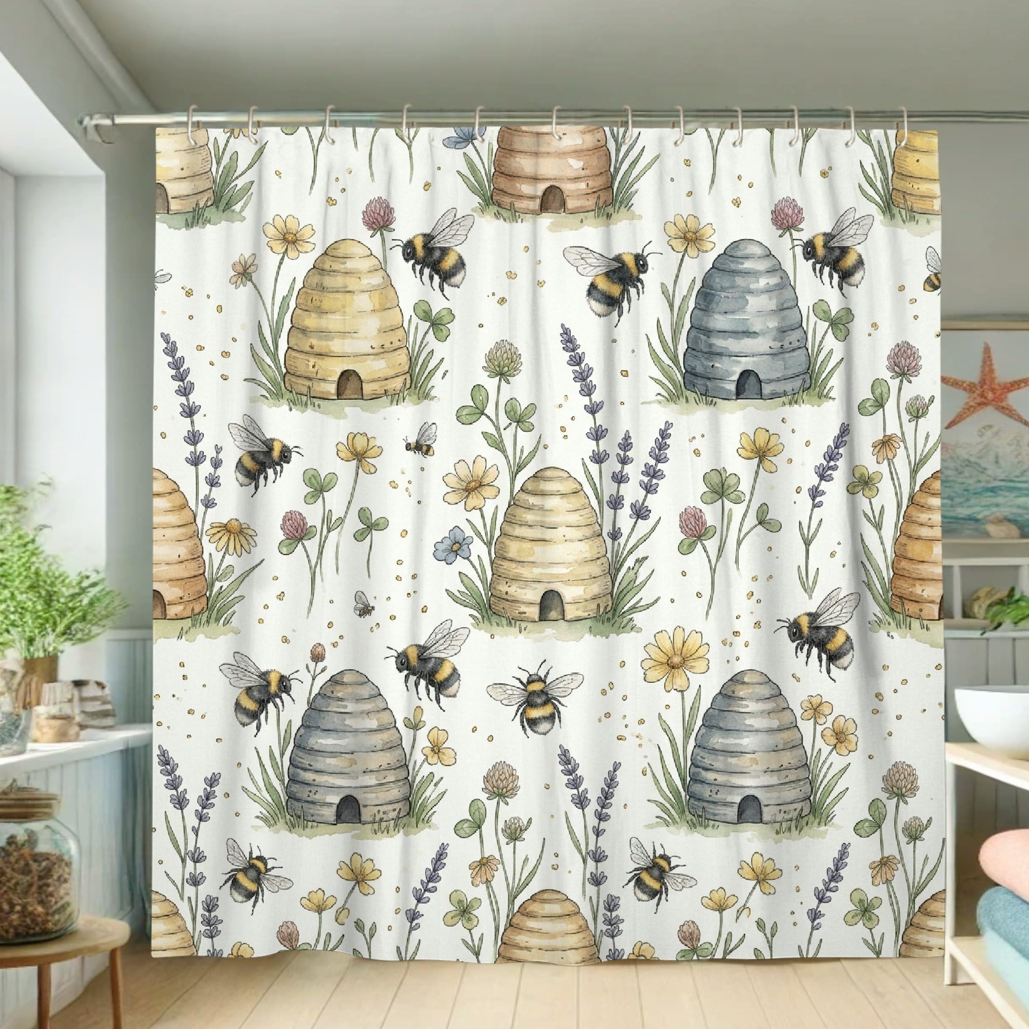 Rideau de bain lavable motif ruche botanique jaune et lavande avec crochets