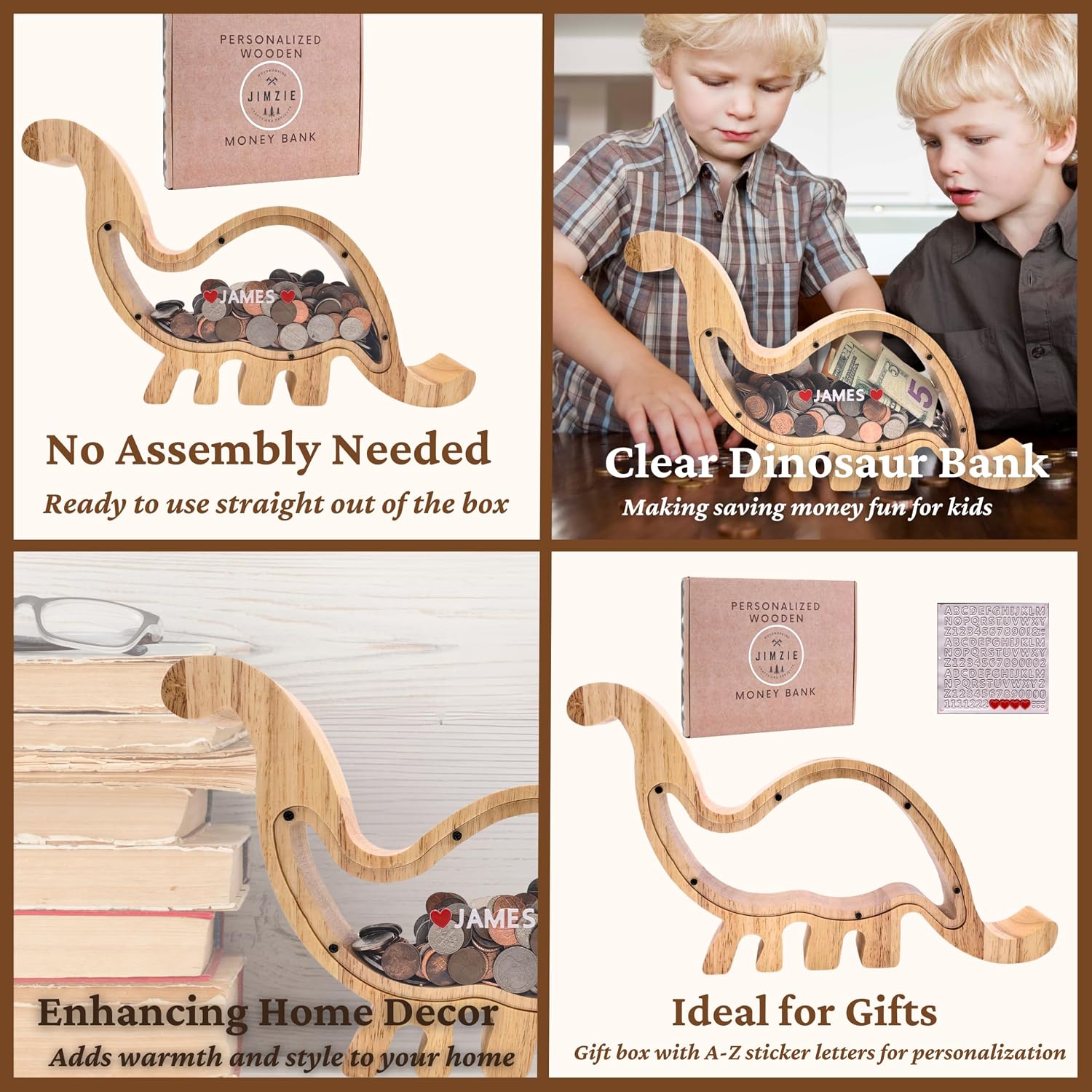 Wooden Dinosaur Piggy Bank – Large Coin Bank (13″ x 8″) with Clear Acrylic on Both Sides – Personalized Money Bank for Kids and Adults – Letter Stickers Included