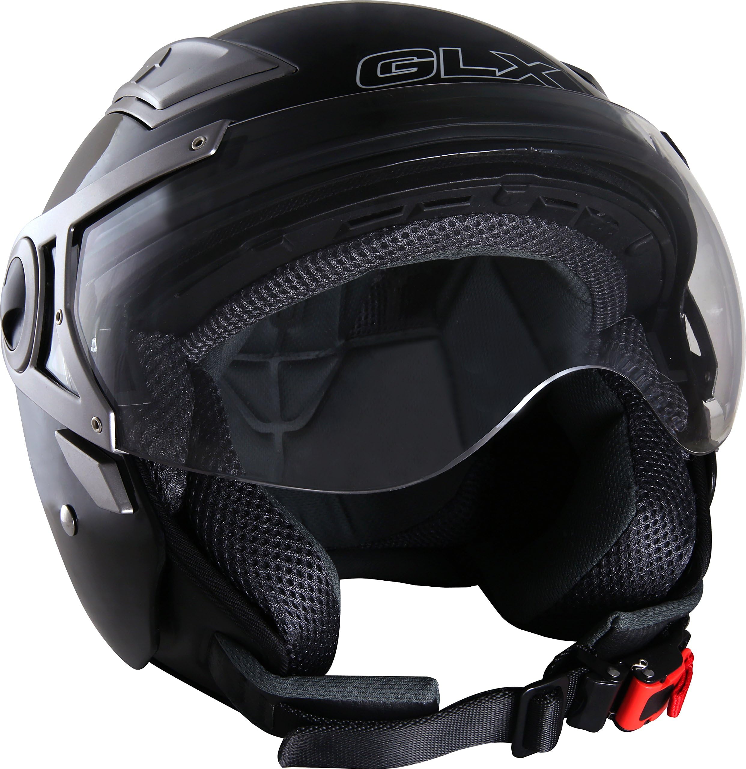 GLX DOT 3/4 Open Face Dual Visor Scooter Motorcycle Helmet Lightweigh Gloss Black