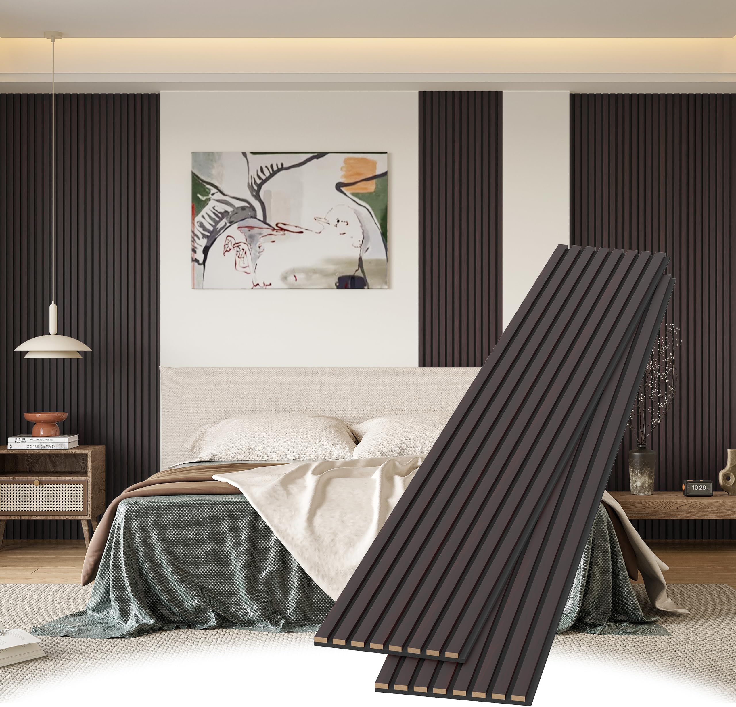 Wood Slat Wall Panels, 2 Pack 8 x 1 ft Decorative Wood Panels for Wall,Stylish Wall Panels for Interior Wall Decor, Modern Acoustic Wood Wall Panels with Felt Backing, Black-Brown Oak