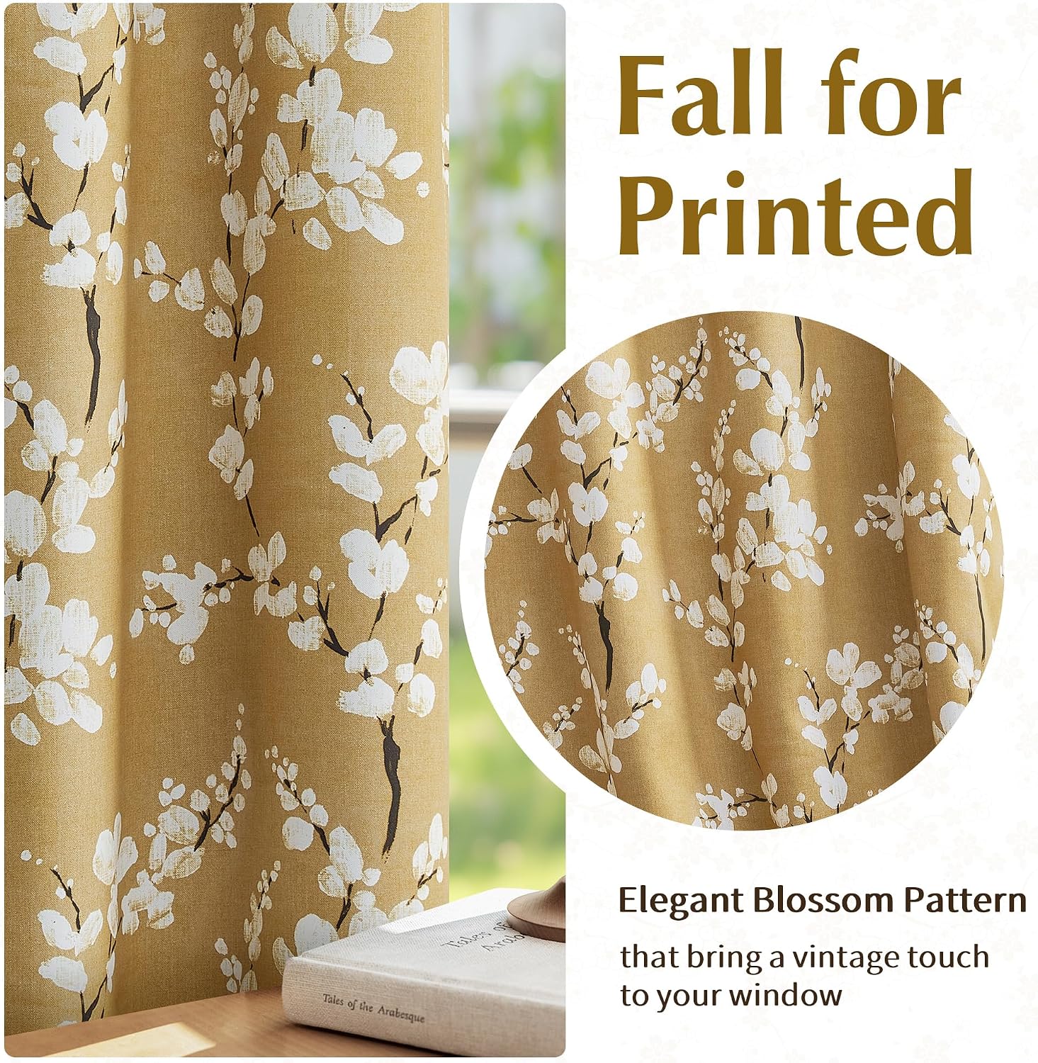 FMFUNCTEX 100% Blackout Floral Curtains for Bedroom, Mustard Yellow Curtain 63 inch Length Blossom Patterned for Living Room, Thermal Insulated Farmhouse Drapes, Grommet Top 2 Panels (White on Yellow)