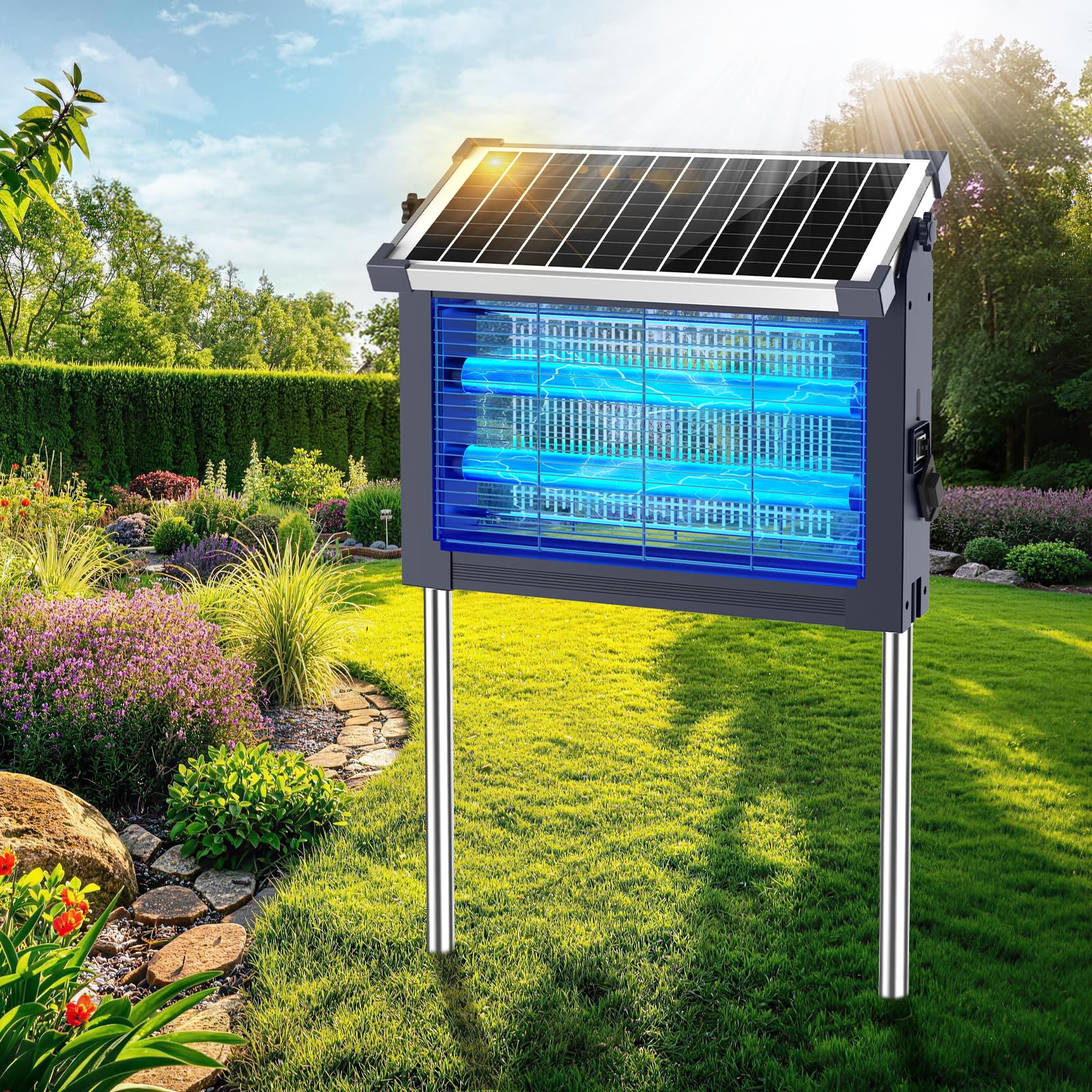 Solar Bug Zapper Outdoor, Moskito Zapper 4500V Schnurlos Wasserdicht, Auto On/Off, Portable Type-C & Solarbetriebener Insektenvernichter, Elektrischer Mückenfalle Fliegenvernichter für Terrasse