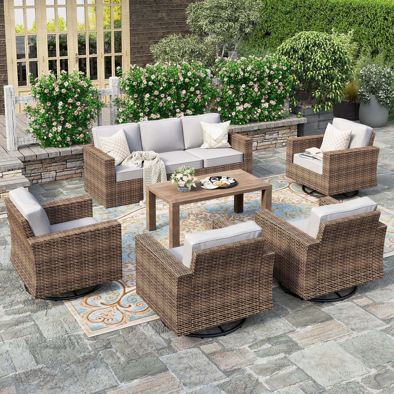 HERA'S HOUSE Swivel Glide Patio Furniture Conversation Set, Outdoor Wicker Chairs with 4.92" Widened Armrest, 6 Pieces Deep Seating Rattan Sofa with 5.5" Gray Cushions for Deck Garden Yard