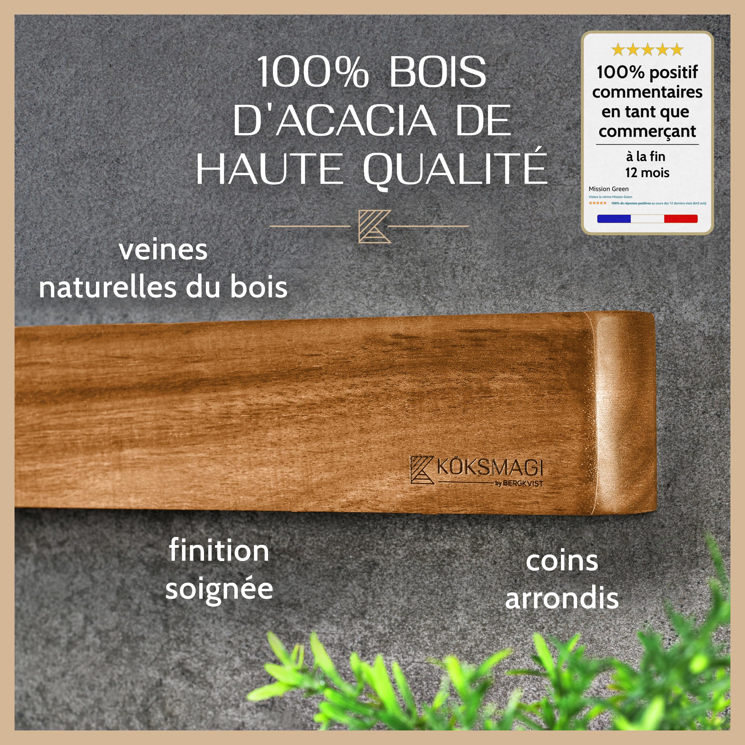 Barre magnetique pour couteaux OSKAR (50 cm) - porte couteaux en bois avec aimant extrêmement puissant pour couteaux lourds - avec accessoires pour coller & percer