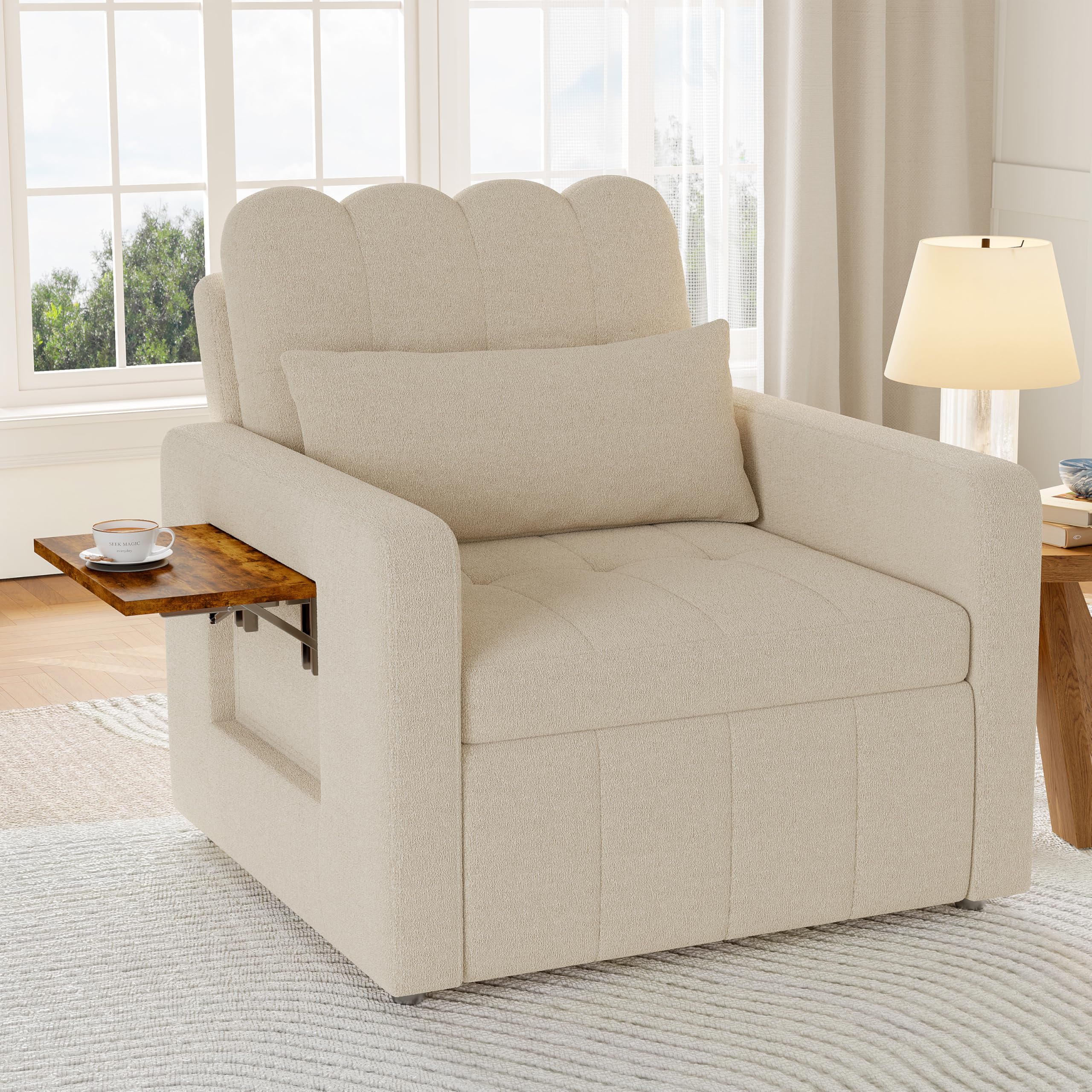 Divano-letto convertibile e reclinabile, con schienale a 5 posizioni, divano pieghevole con cuscini e cuscino laterale, ideale per camere degli ospiti e smals in ciniglia (Bei)