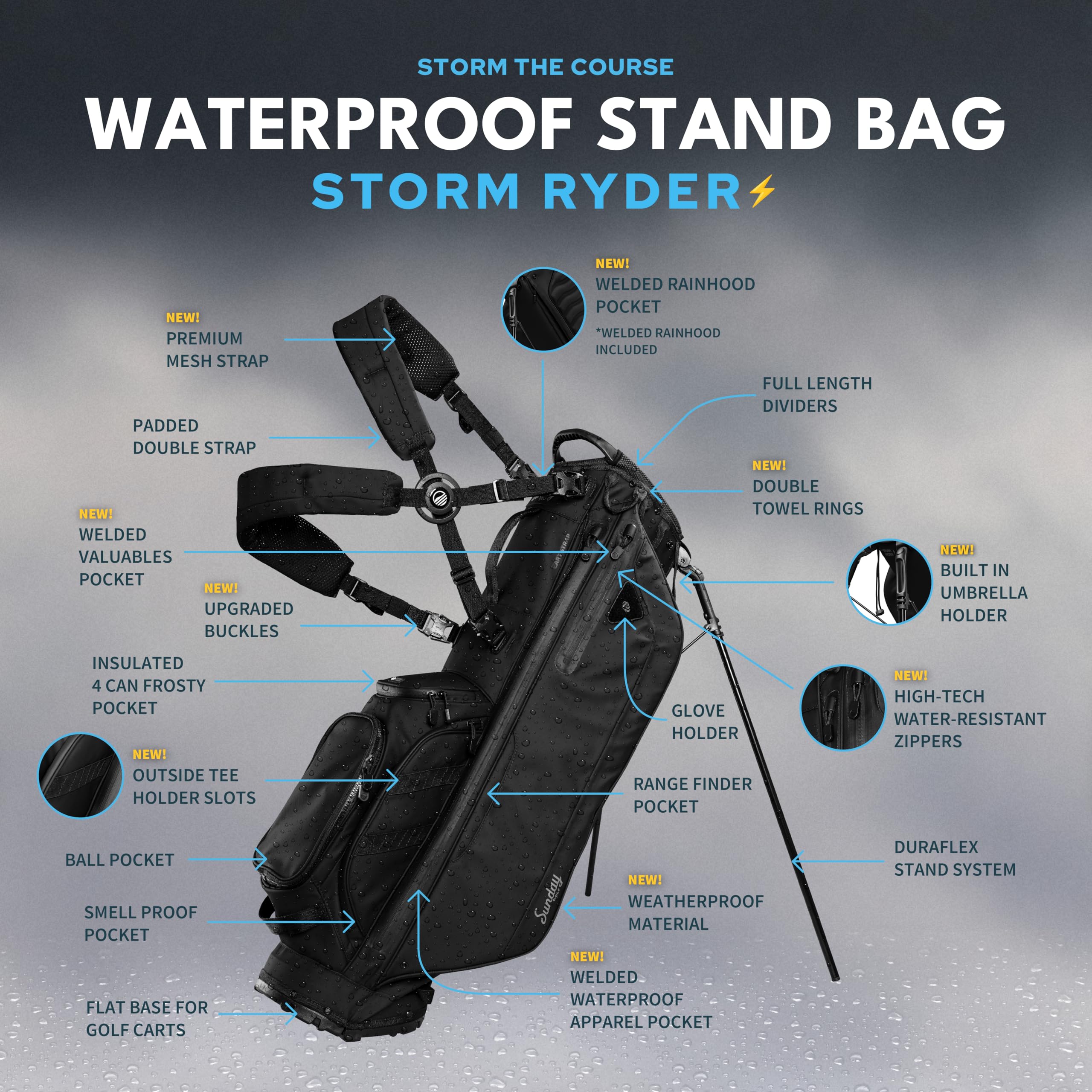 Sunday Golf Storm Ryder - Sacca da golf impermeabile con supporto, resistente alle intemperie con divisore a 5 vie, tasca gelida isolata, porta ombrello, approvato per carrello da golf