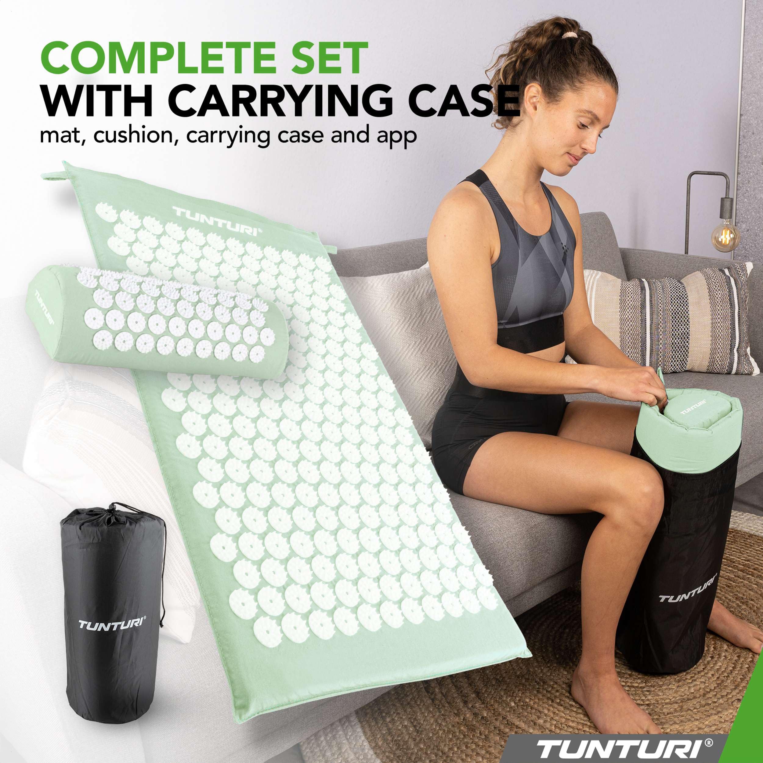Tunturi Tappetino per agopressione con cuscino, tappetino per agopuntura, per schiena, collo, piedi, tutto il corpo, 2 in 1, tappetino per agopressione, anti-stress, 68 x 42 x 2 cm, menta