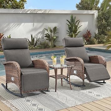 3 Pieces Zero Gravity Wicker Patio Rocking Recliner Chairs Set of 2 - Wicker Outdoor Lounge Chair with Side Table, Adjustable Backrest & Footrest, High Back Outdoor Recliner Chair for Pool DeckGray