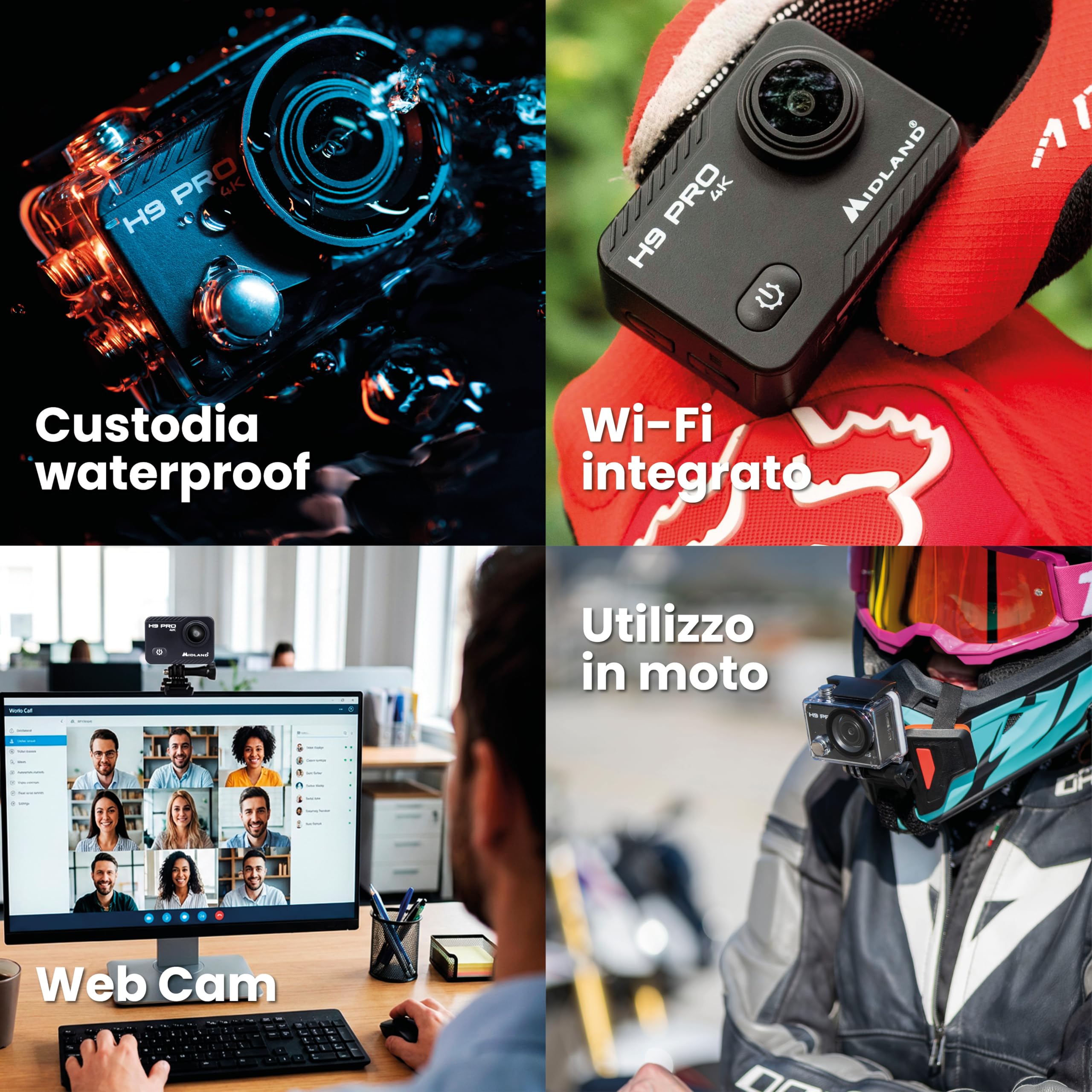 Midland - Action Cam 4K H9 Pro WIFI con Remote Control, Videocamera Sportiva Macchina Fotografica Subacquea 30m, Autonomia 2H, 30fps, Foto 20MP, Touchscreen IPS, 7 Modalità Video, Controllo Smartphone