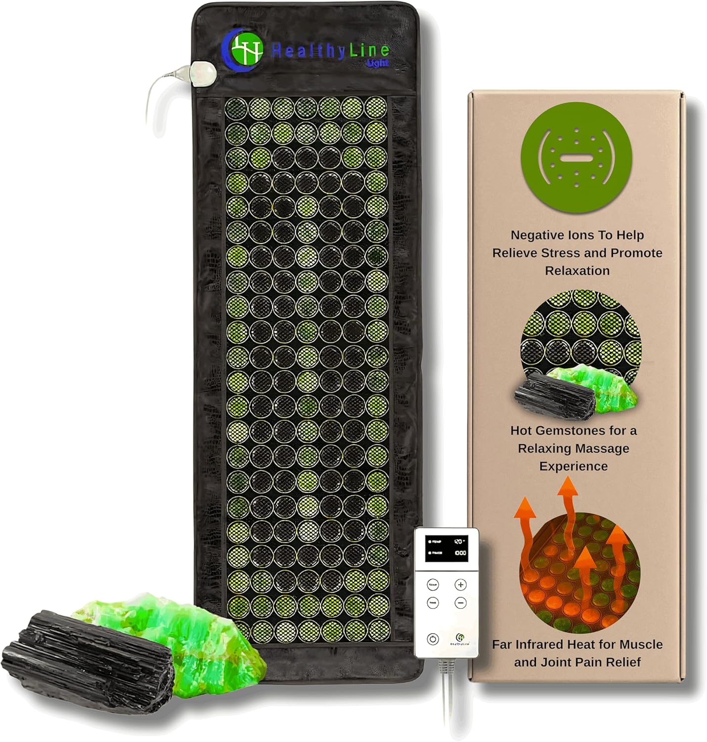 Contents of the HealthyLine heating pad package including the mat, controller, warranty card, carrying case, waterproof cover, catalog, user guide, and sauna foil blanket.