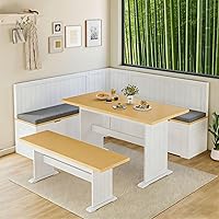 DalyLuxa Breakfast Nook L-Shaped Corner Dining Table Set with Cushion & Hidden Storage Bench, White Kitchen Entryway Furniture