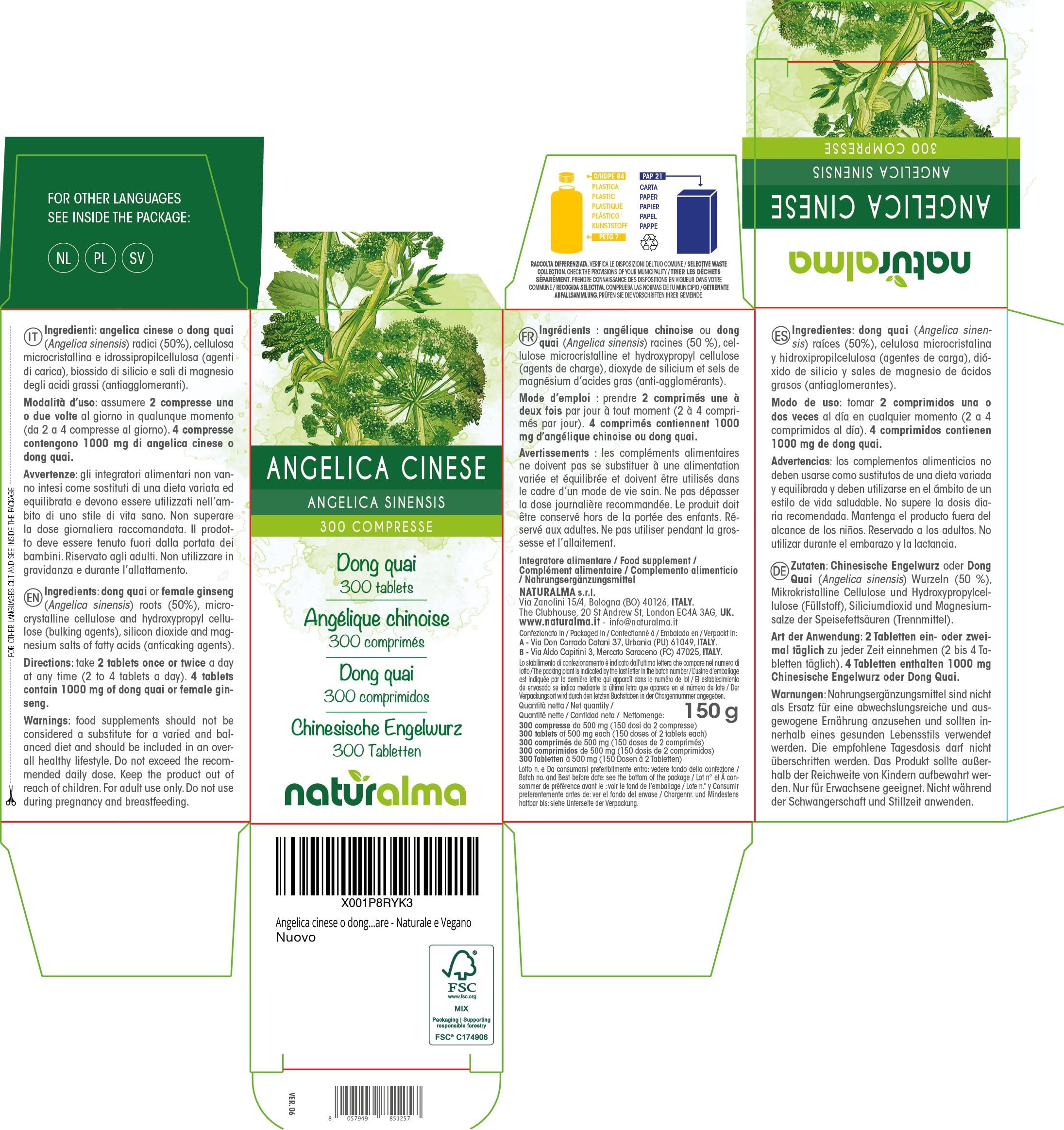 Angelica cinese o dong quai (Angelica sinensis) radici Naturalma - 150 g - 300 compresse - Integratore alimentare - Naturale e Vegano