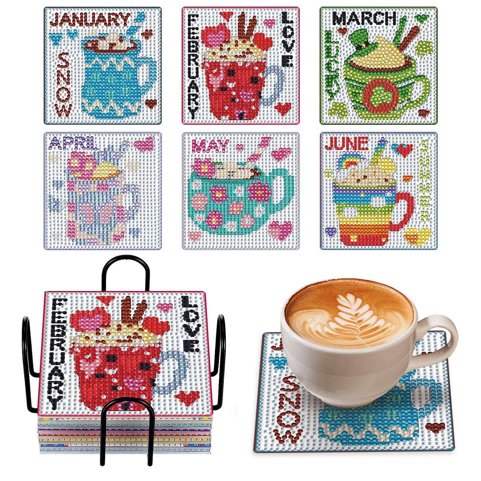 6Pcs Monthly Themed DIY Diamond Art Coasters Kit – Full Drill 5D Diamond Art Painting Coasters for Adults, 12-Month Life Theme with Cork Pad & Holder, Unique Home Décor Craft Set