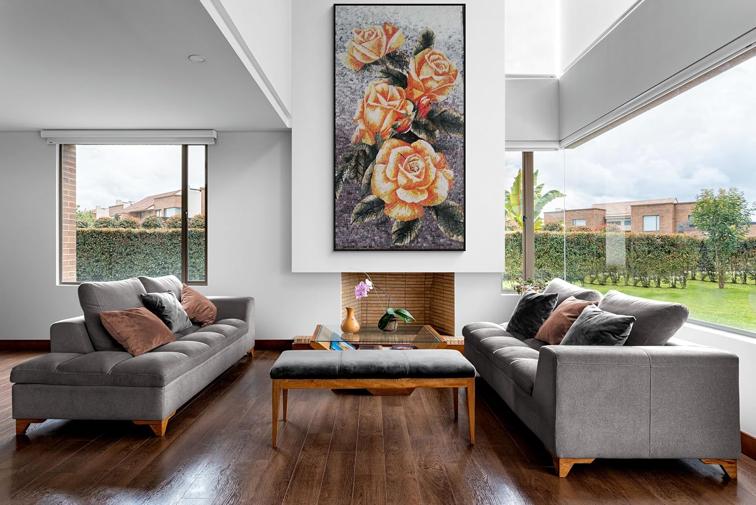 Handmade Orange Rose Marble Mosaic Wall Art, Floral Stone Mosaic Tile mural, Hand-Cut Botanical Wall Décor
