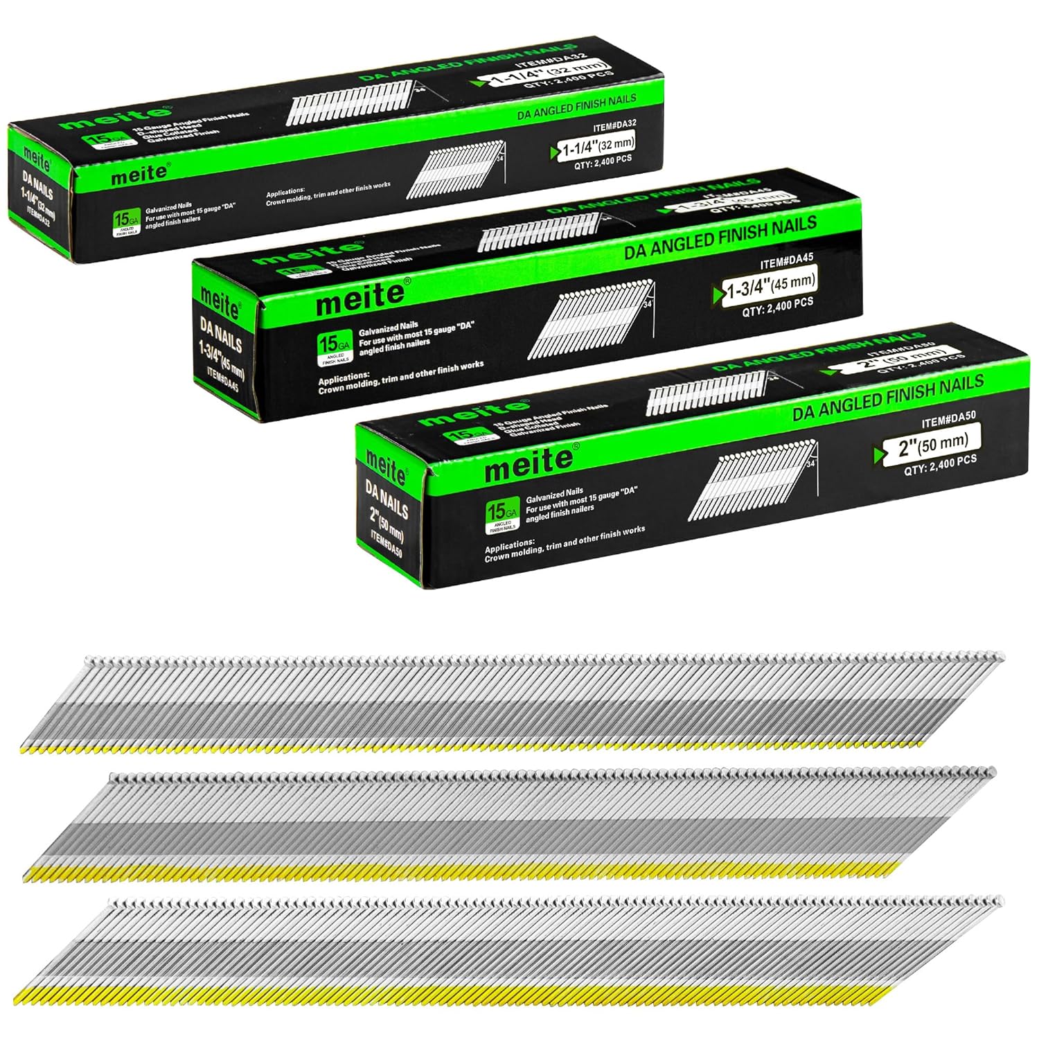 meite 15 Gauge 34 Degree Finish Nails Set 1-3/4 & 1-1/4 & 2 Inch Galvanized Angled Finishing Nails for Finish Nailer Gun - Cabinet Crown Baseboard