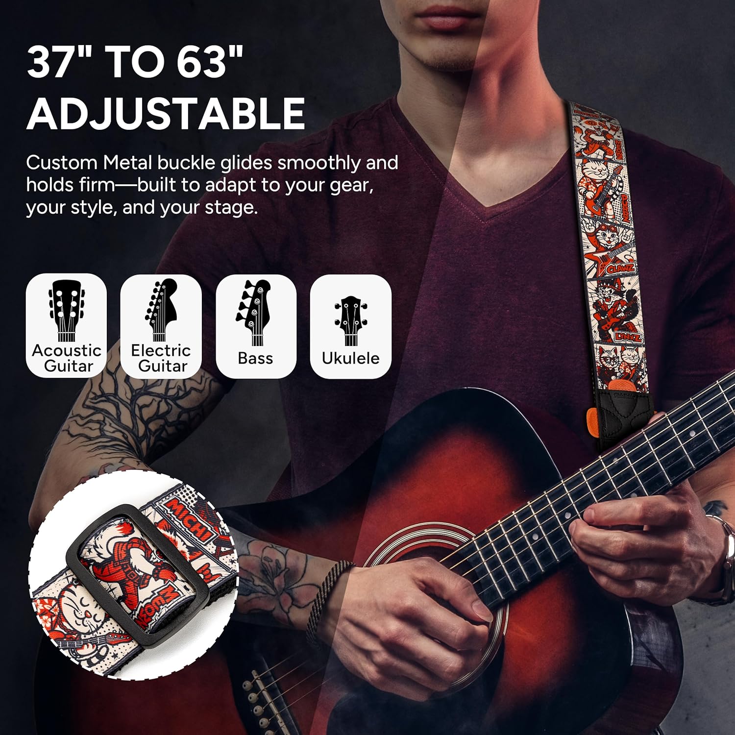 Amumu 2'' Meowcore Guitar Strap – Cat Rock Print with Top-Grain Leather Ends & Quick-Fetch Pick Holder – for Acoustic, Electric, Bass Guitars – Adjustable 37''-63''