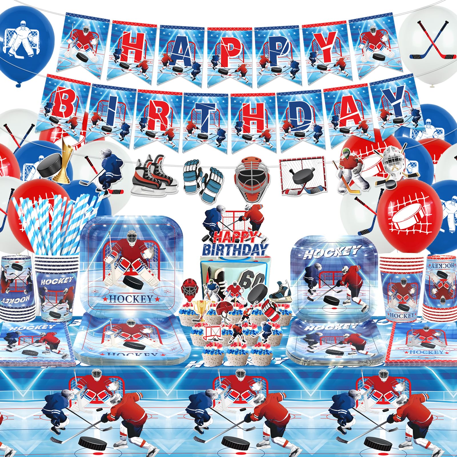Kit Forniture Per Festa A Tema Hockey Su Ghiaccio – Servizio Per 20 Persone: Piatti, Tazze, Tovaglioli, Tovaglia E Striscione
