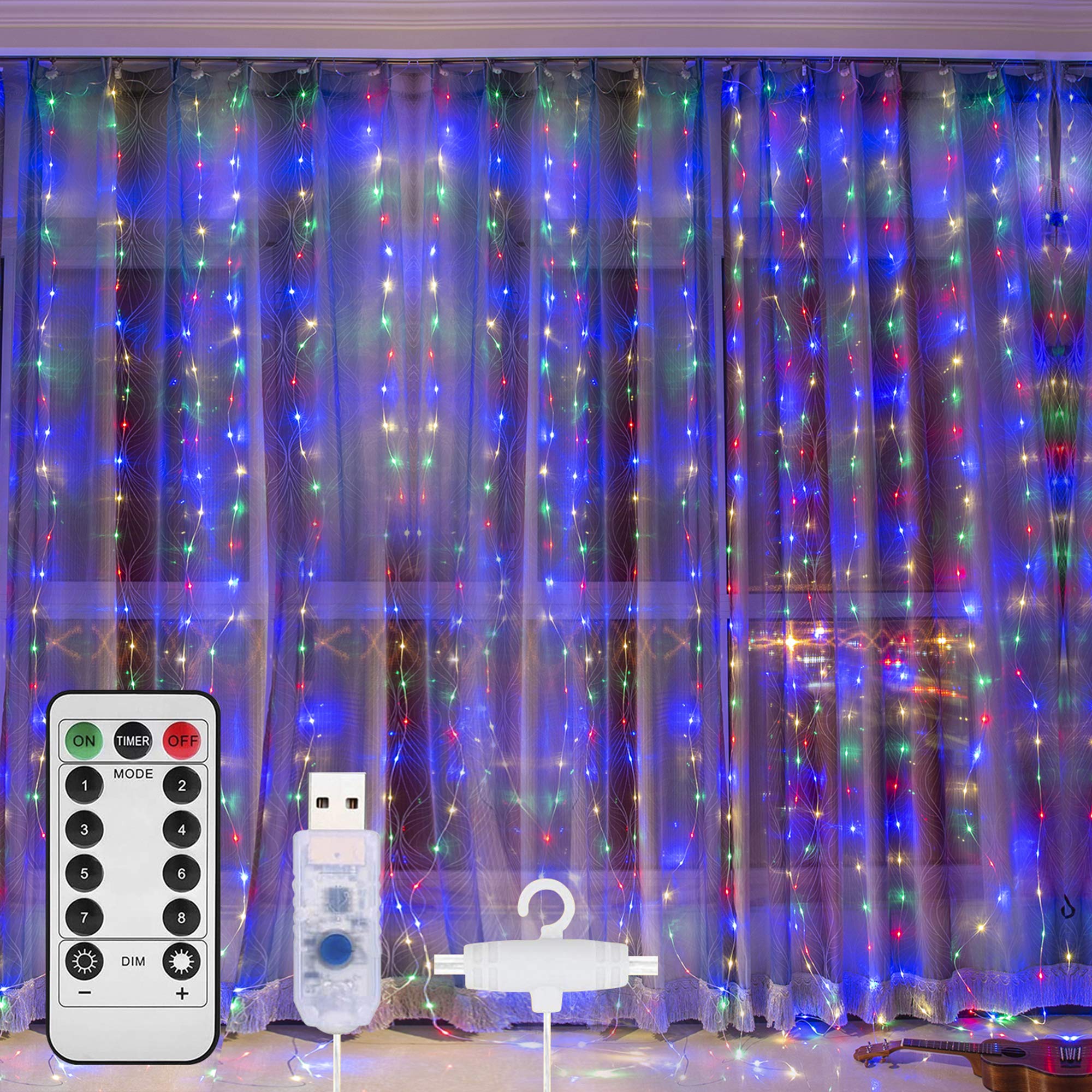 GRONESTY Curtain Lights, 9.8X9.8Ft 300 LED USB -Powered Fairy Lights with Remote Control, Hanging Lights for Indoor Outdoor Bedroom Window Wedding Party Decoration (Multi Color)