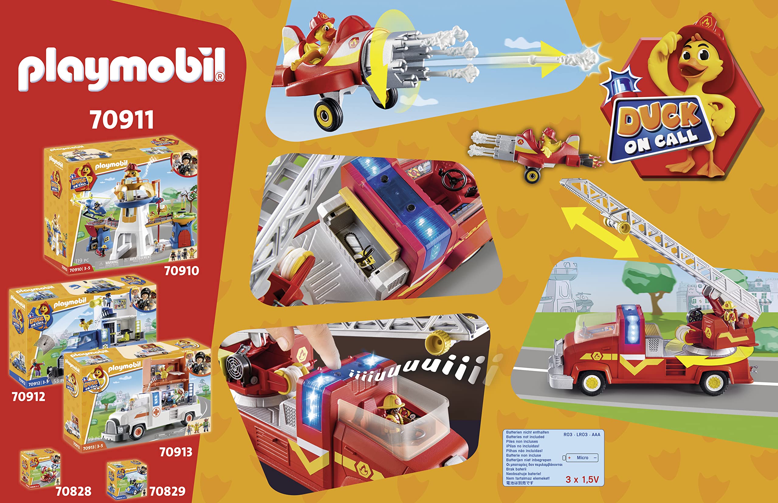 PLAYMOBIL Duck ON Call 70911 Camión de Bomberos con miniavión, con luz y Sonido, Juguete para niños a Partir de 3 años