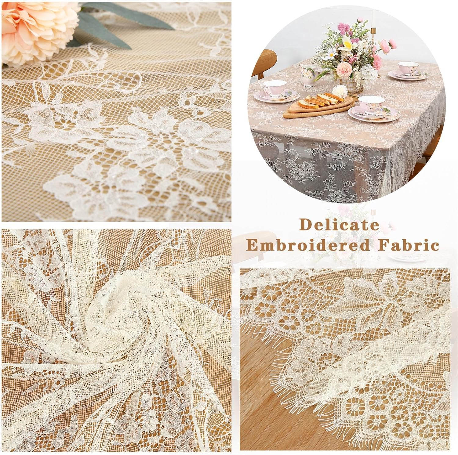 B-COOL Ivory Lace Tablecloth 60 X120 Inches Rectangle Vintage Embroidered Bridal Wedding Tablecloths Sheer Overlay for Rustic Outdoor Party Reception Home Decor