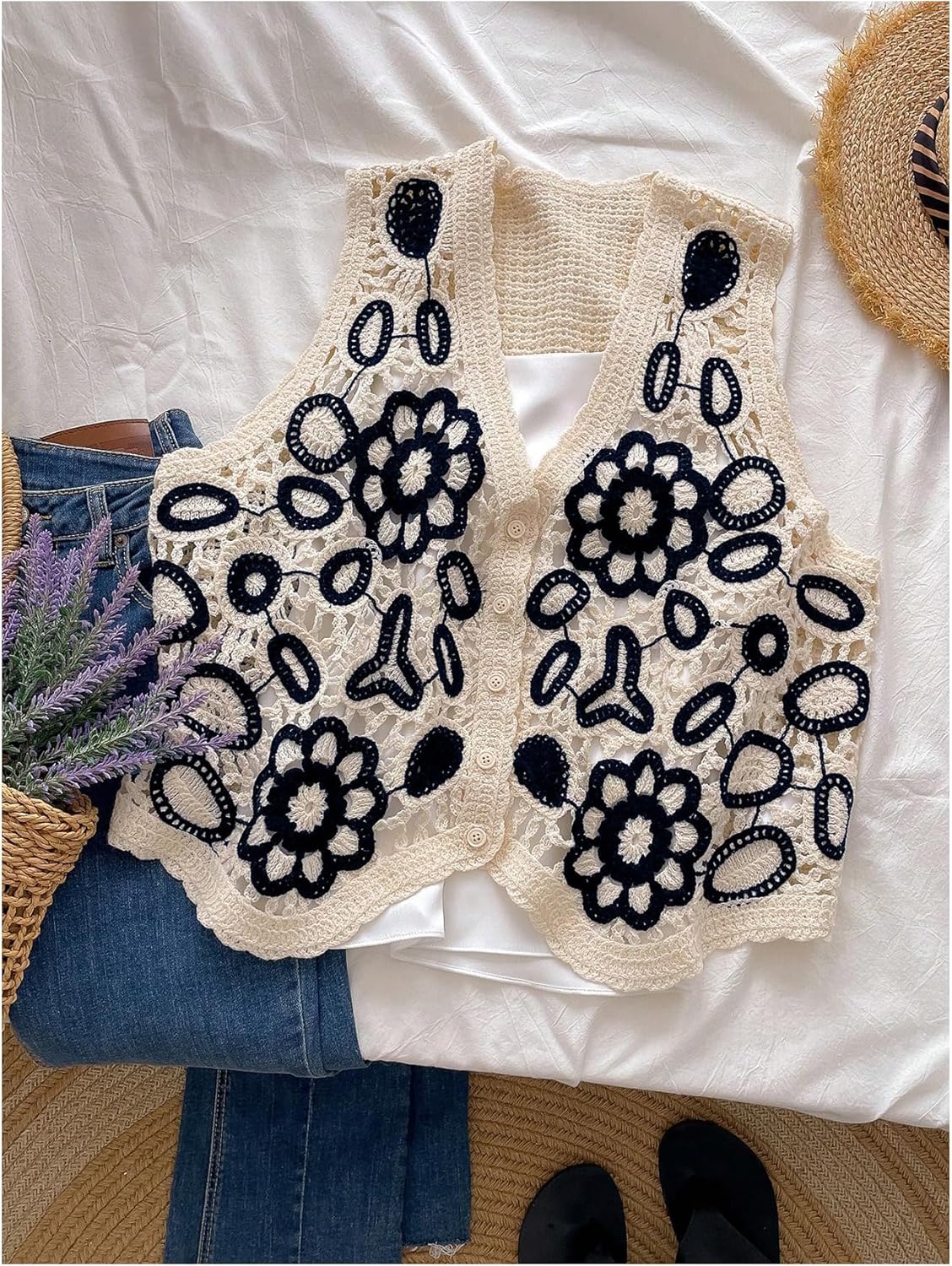 Verdusa Women's Sweater Vest Button Front V Neck Sleeveless Crochet Plaid Checkered Knit Sweater Vest - Image 6