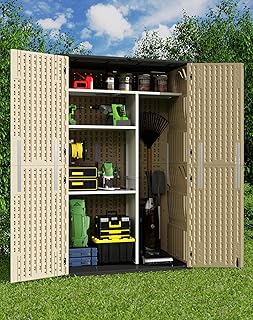 60 Cu.Ft Vertical Outdoor Storage Shed, Weatherproof Outdoor Tall Cabinet, Lockable Resin Shed with Double-Wall Panels and Floor for Garden, Garage, Patio(Shelves Not Included)