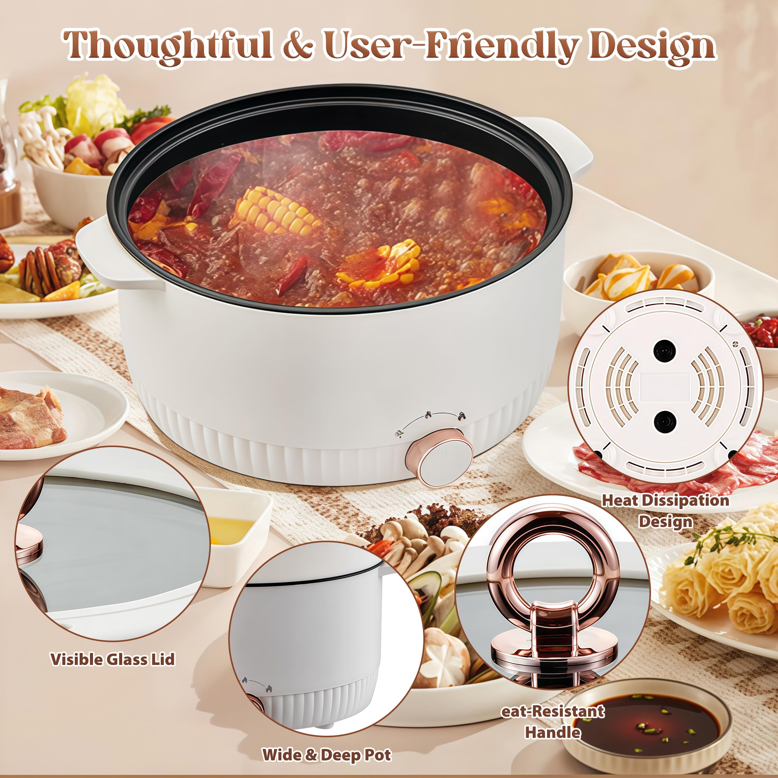 Elektrischer Hot Pot mit Dampfeinsatz, 5L Elektrische Hot Pot, 1350W Hotpot Topf, Tragbare Antihaft Multikocher für Braten Ramen Fondue Suppe, Elektropfanne für Zuhause, Büro, Schlafsaal