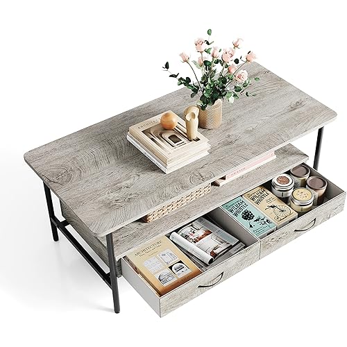 LINSY HOME Coffee Table with Storage, Rectangular Wood Central Table with 2 Drawers for Living Room, 2-Tier Coffee Table with Sturdy Metal Frame and Wood Finish, Fits for Simple Rustic & Modern Style
