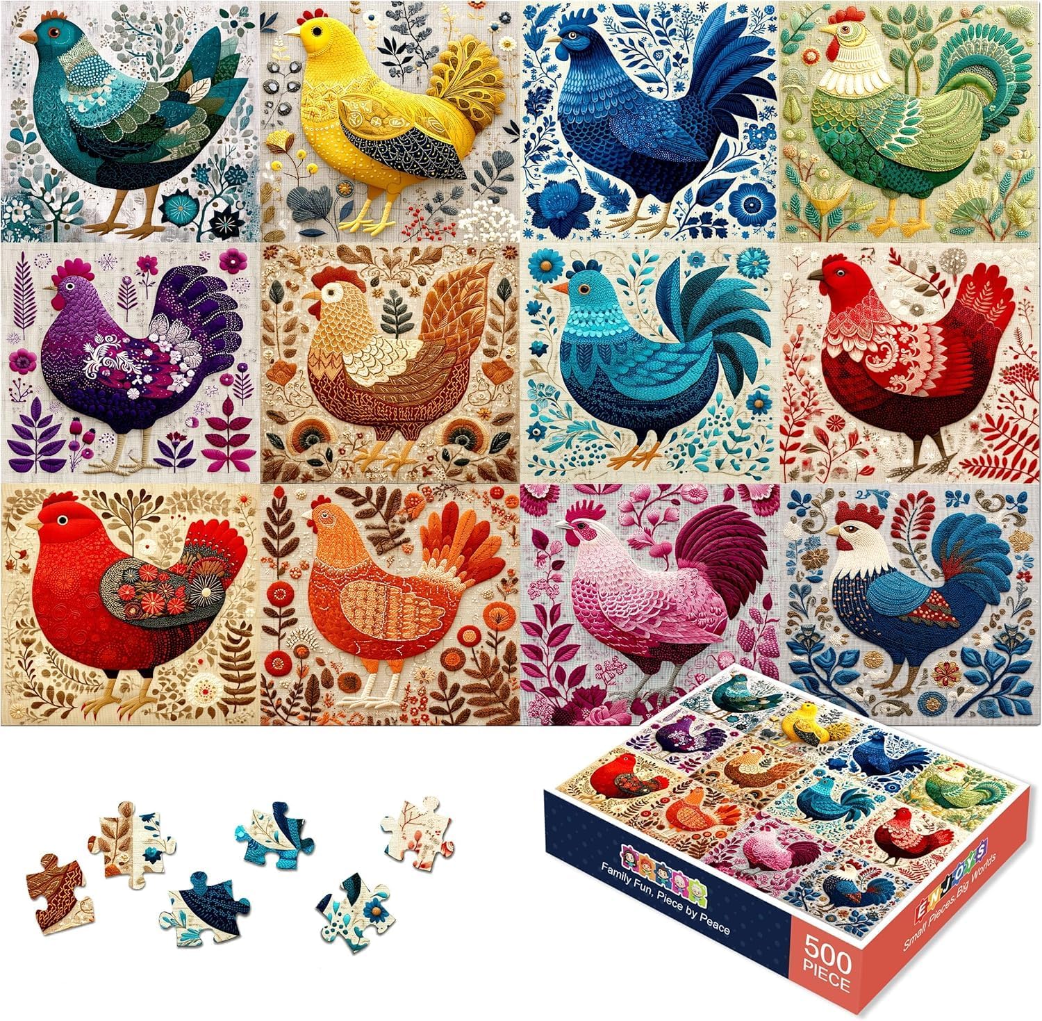 500 Piece Jigsaw Puzzle for Adults - Folk Art Rooster Chicken Farmhouse Animal - Colorful Botanical Embroidery Style 20.5x15 in with Reference Poster - Unique Wall Art Gift