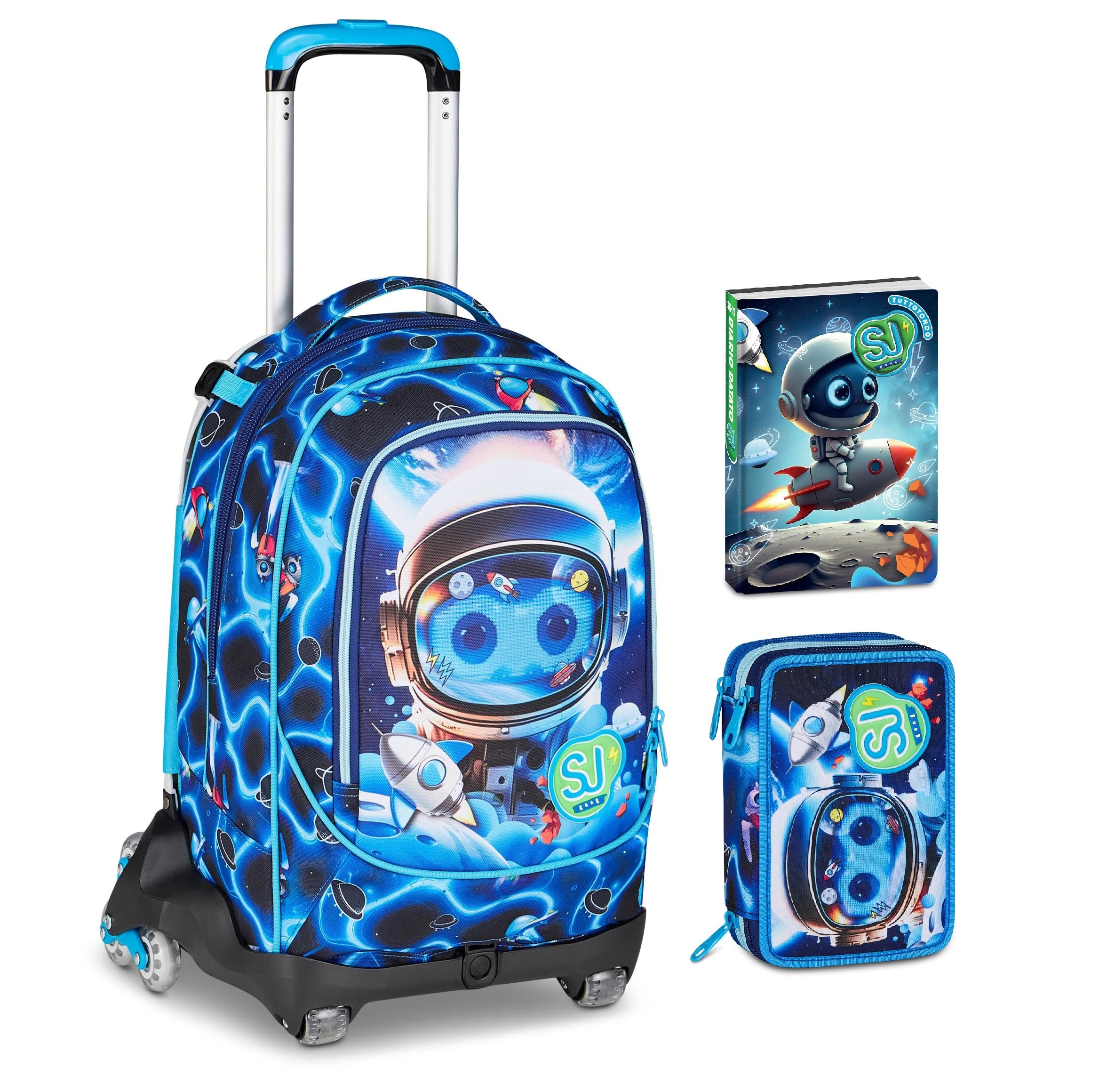 Trolley Scuola primaria Seven Sj Boy, 8 Ruote zaino staccabile - Space Led Boy Astronauta, 3 in 1 per Bambino + Astuccio 3 zip + Diario 2026/2027 + 7 penne a scatto e portachiave fischietto