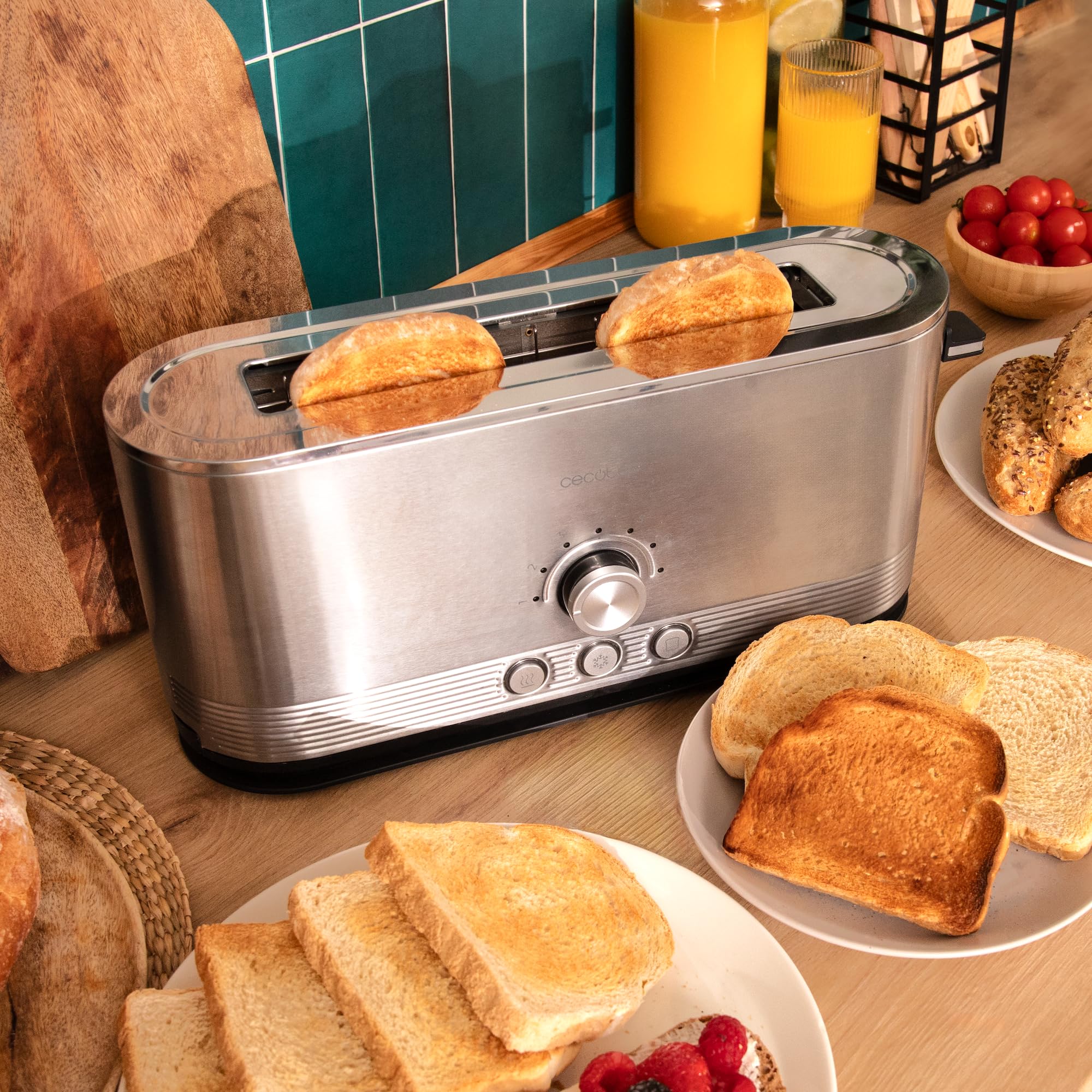 Cecotec Tostadora Vertical de Acero con Ranura Larga Shine&Toast Extra. 1050W, Capacidad para 2 Tostadas, Ranura Ancha de 3,8cm, Anillo Luminoso, 7 Niveles de Tostado, Varillas Superiores