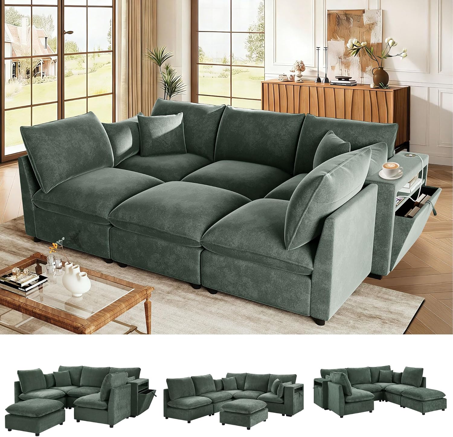 94" Modular Sectional Sofa Sleeper, 6 Seat L Shaped Sectional Couch with Storage Armrests and USB Ports, Convertible Couches with Ottoman for Living Room, Apartment - Easy Assembly (Green) | Modular Sleeper Sofa, With Storage & USB, Convertible Bed, Space Saving Design, 6-Piece Sectional