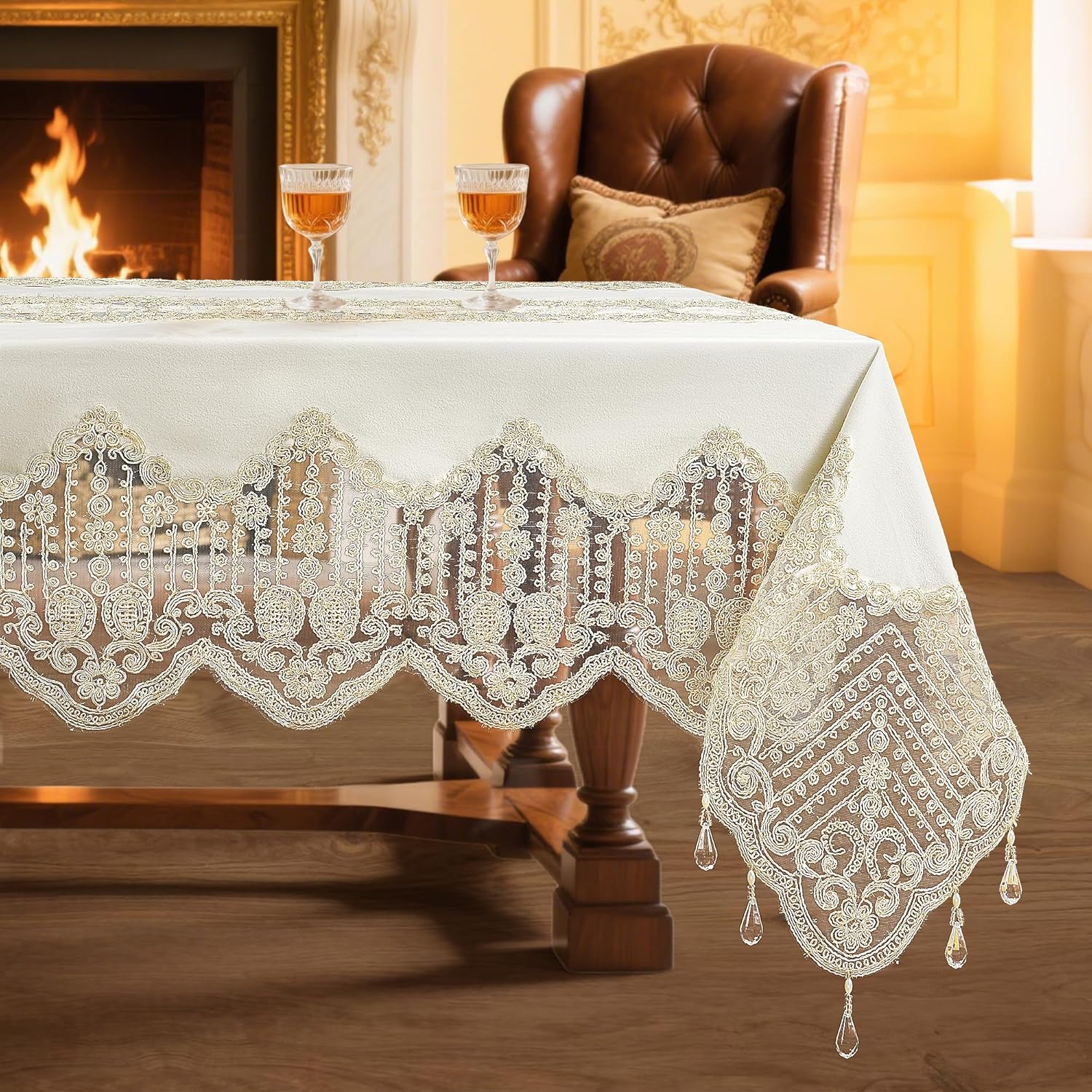 Premium Embroidery Tablecloth, White Lace & Satin Blend, Floral Boho Design, Vintage Italian Style, Sunflower & Butterfly Patterns, Farmhouse Spring Decor, (beigeFC118, 72in*126in)