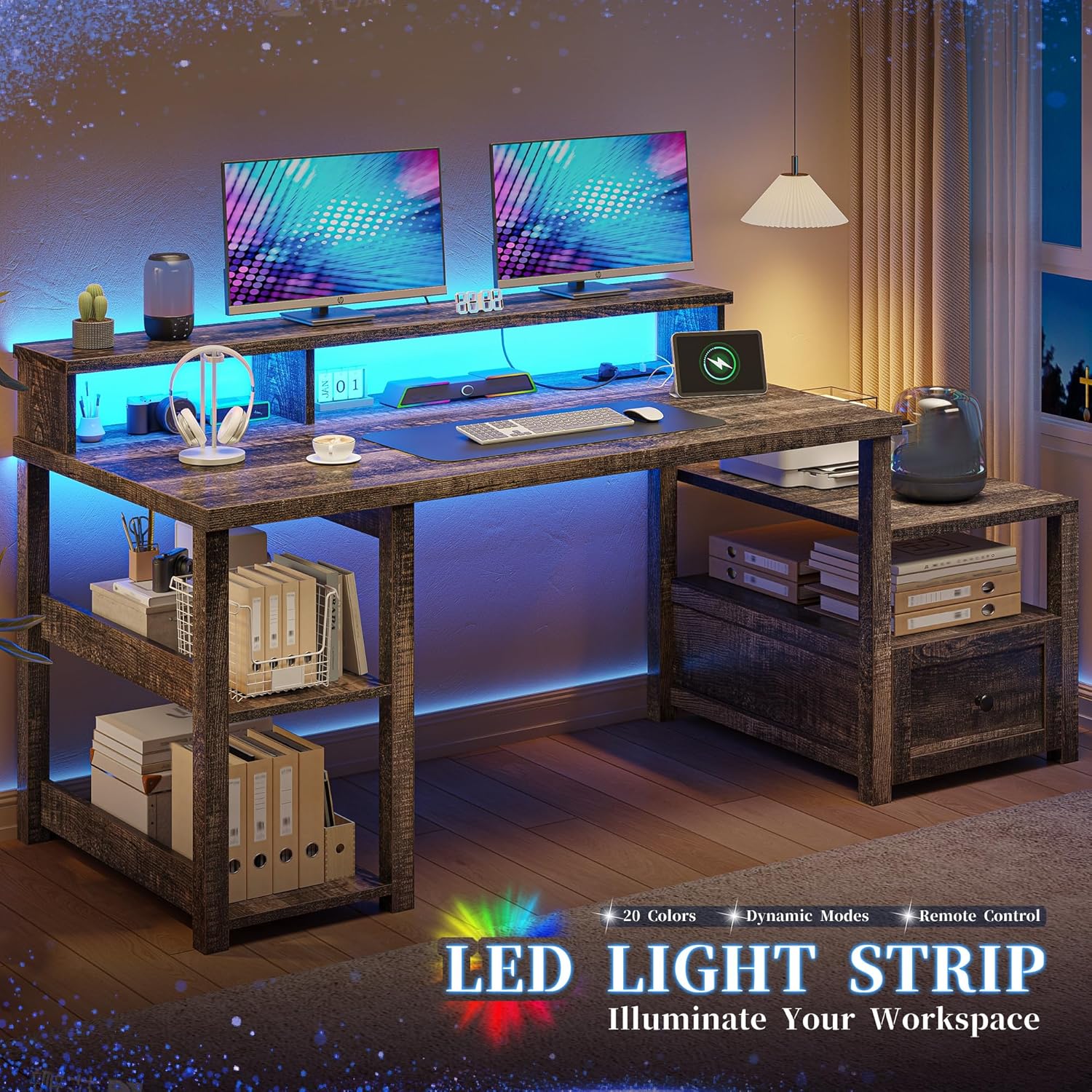 EnHomee 60.4" Computer Desk with Drawer, Office Desk with Monitor Stand, Farmhouse Study Desk with Power Outlet & LED Light, Writing Desk for Home and Study Room, Dark Rustic Oak