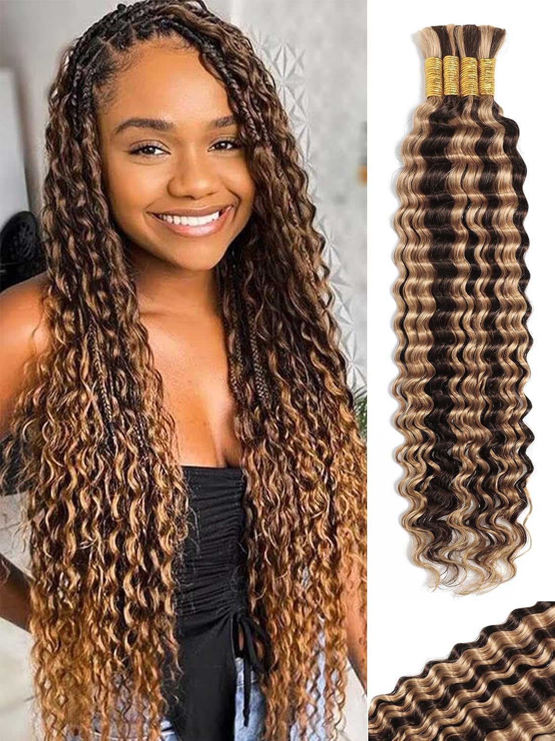 Ombre Human Braiding Hair 22 Inch 100 g 4 Bundles Deep Wave Bulk Human Hair for Boho Braiding 10A P4/27 Highlight Wet and Wavy Honey Blonde Curly Human Hair Extensions